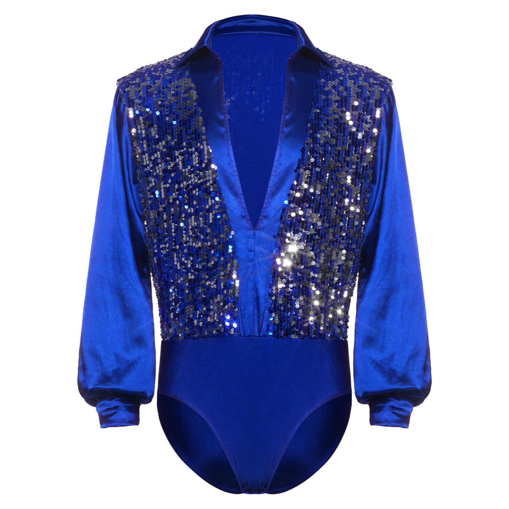 Herren Latein Tanzhemd Tanzbody Langarm Glitzer Oberteil Turnier Shirt Tanzanzug mit Pailletten Jazz Salsa Rumba Tanzkostüm