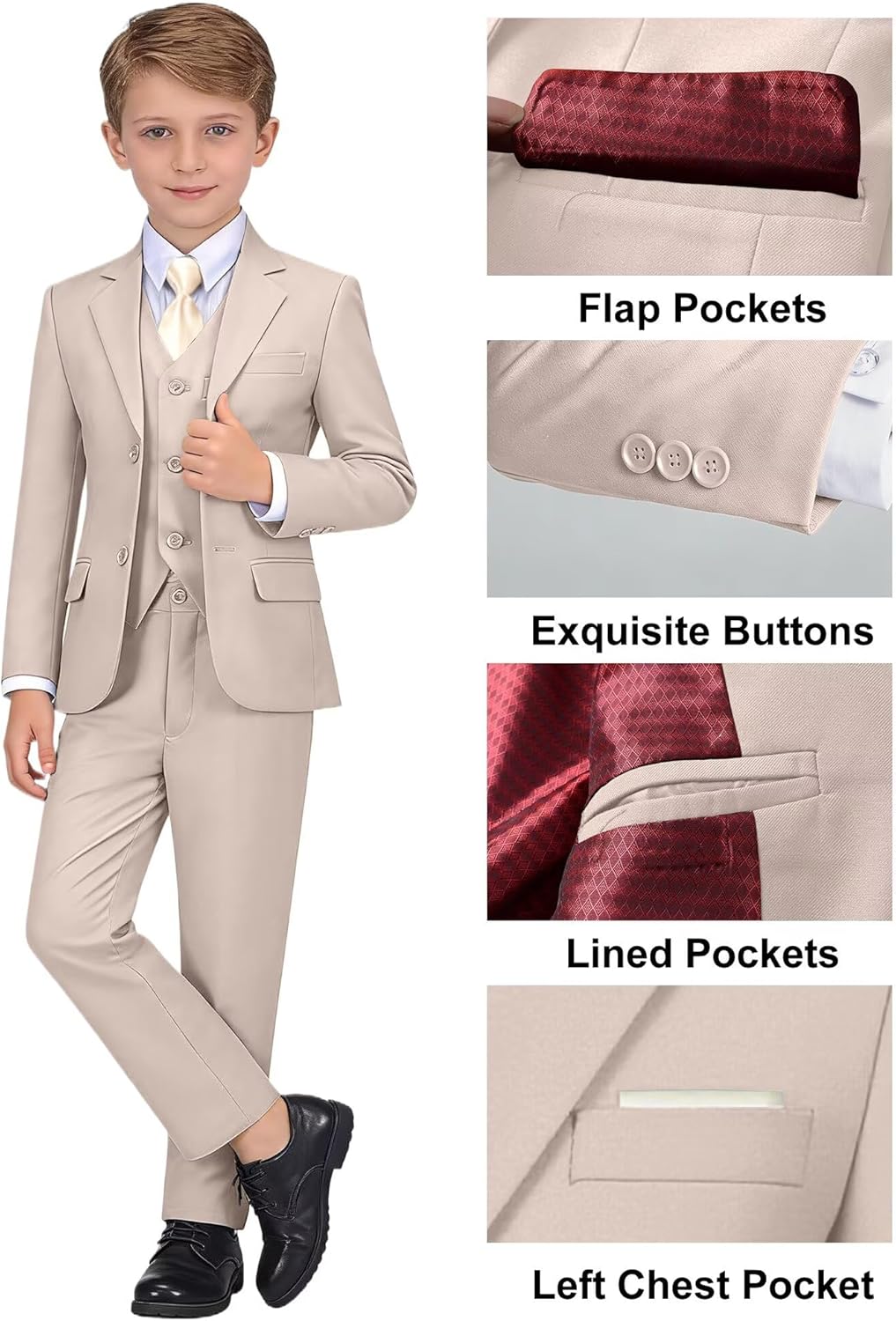 Wehilion Boys Formal Suit Set 4 Piece, Toddler/Kids/Teen Tuxedo Wedding Ring Bearer Outfit, Adjustable Waist - Image 3