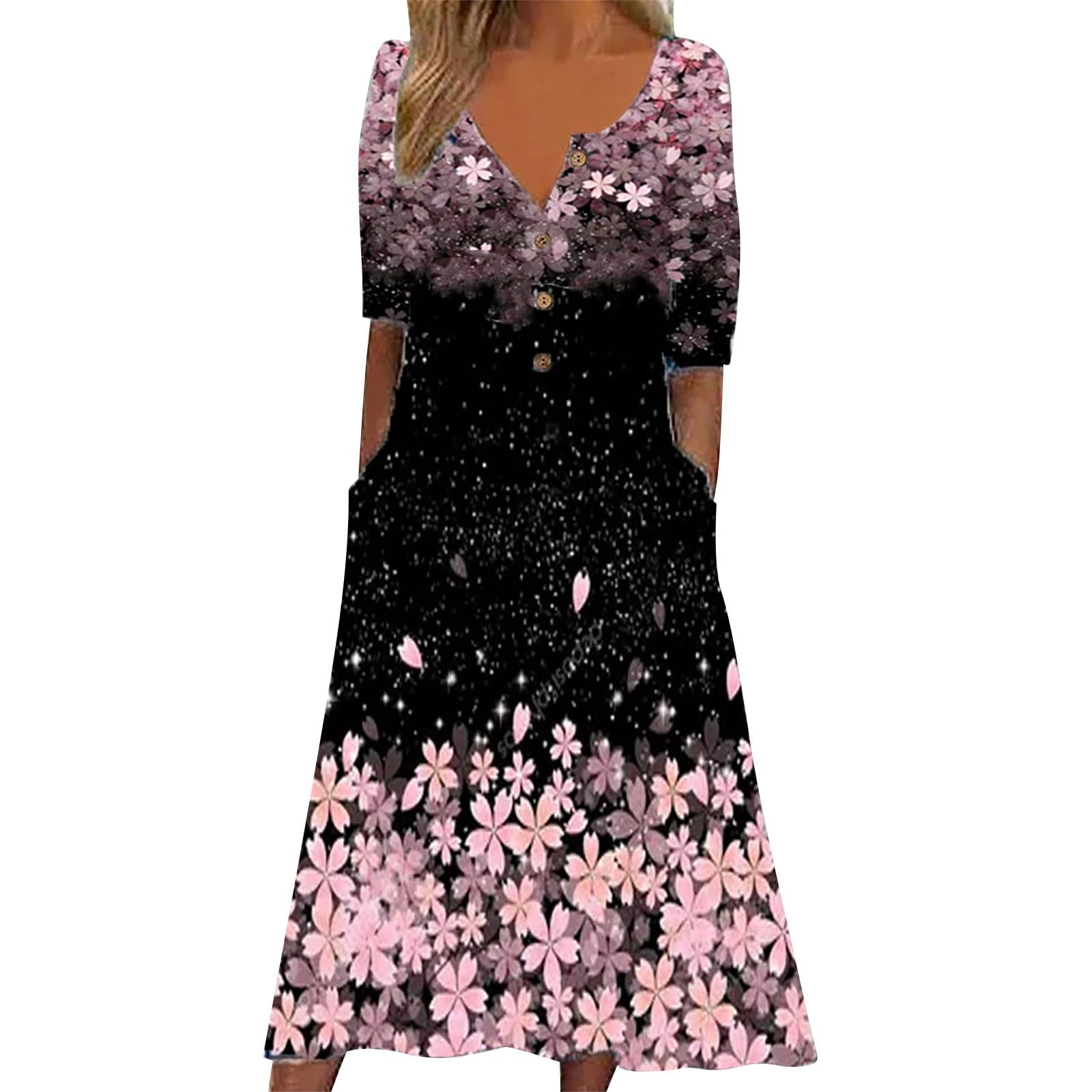 BOTCAM Vestido de verano para mujer, largo, maxi vestido con bolsillos, manga corta, cuello en V, 2024, estampado floral, vestido de playa, elegante, vestido de cóctel, vestido de noche, vestido de fiesta,