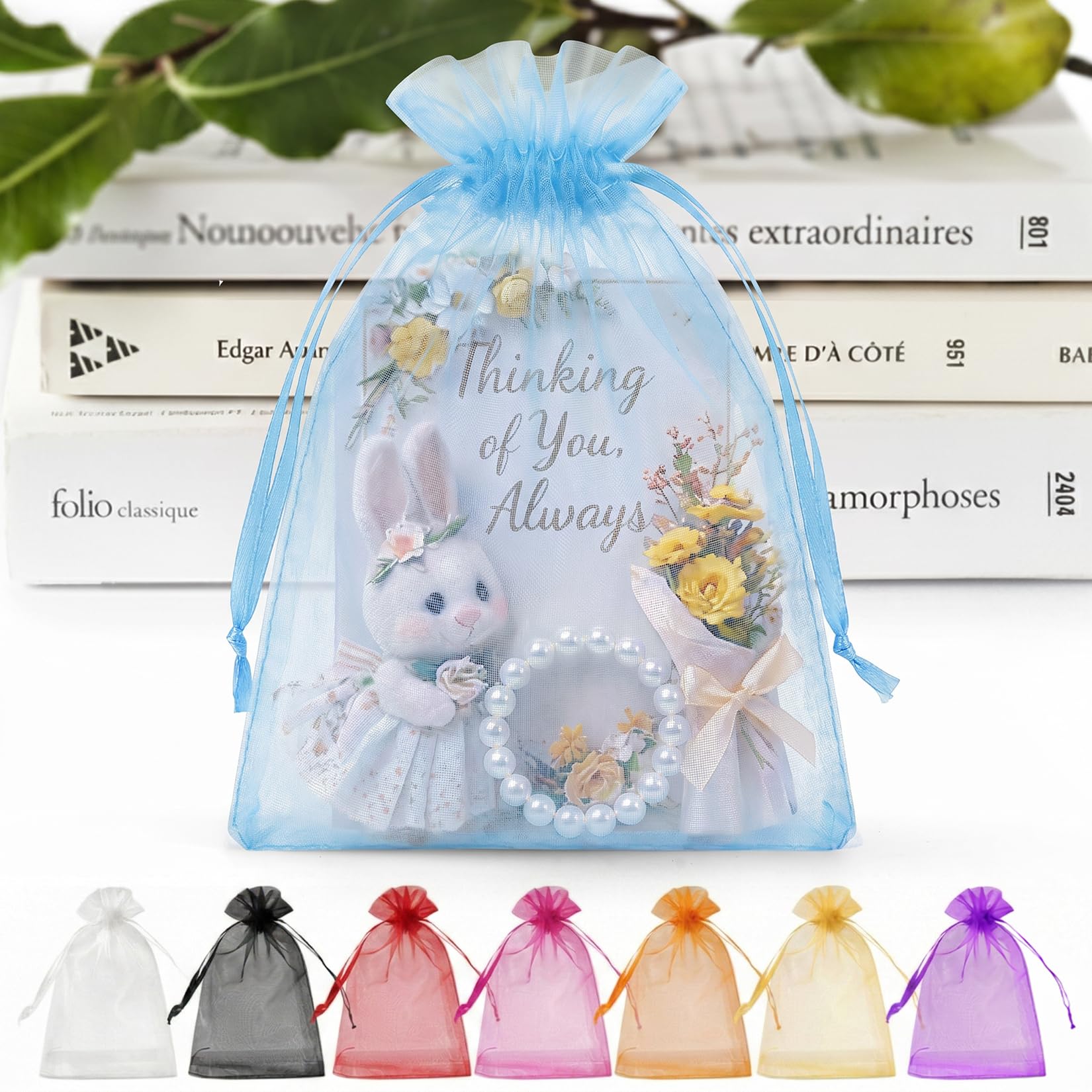 ANZNKU 100 PCS Organza Bags 5 x 7, Sky Blue Small Mesh Gift Bag Drawstring