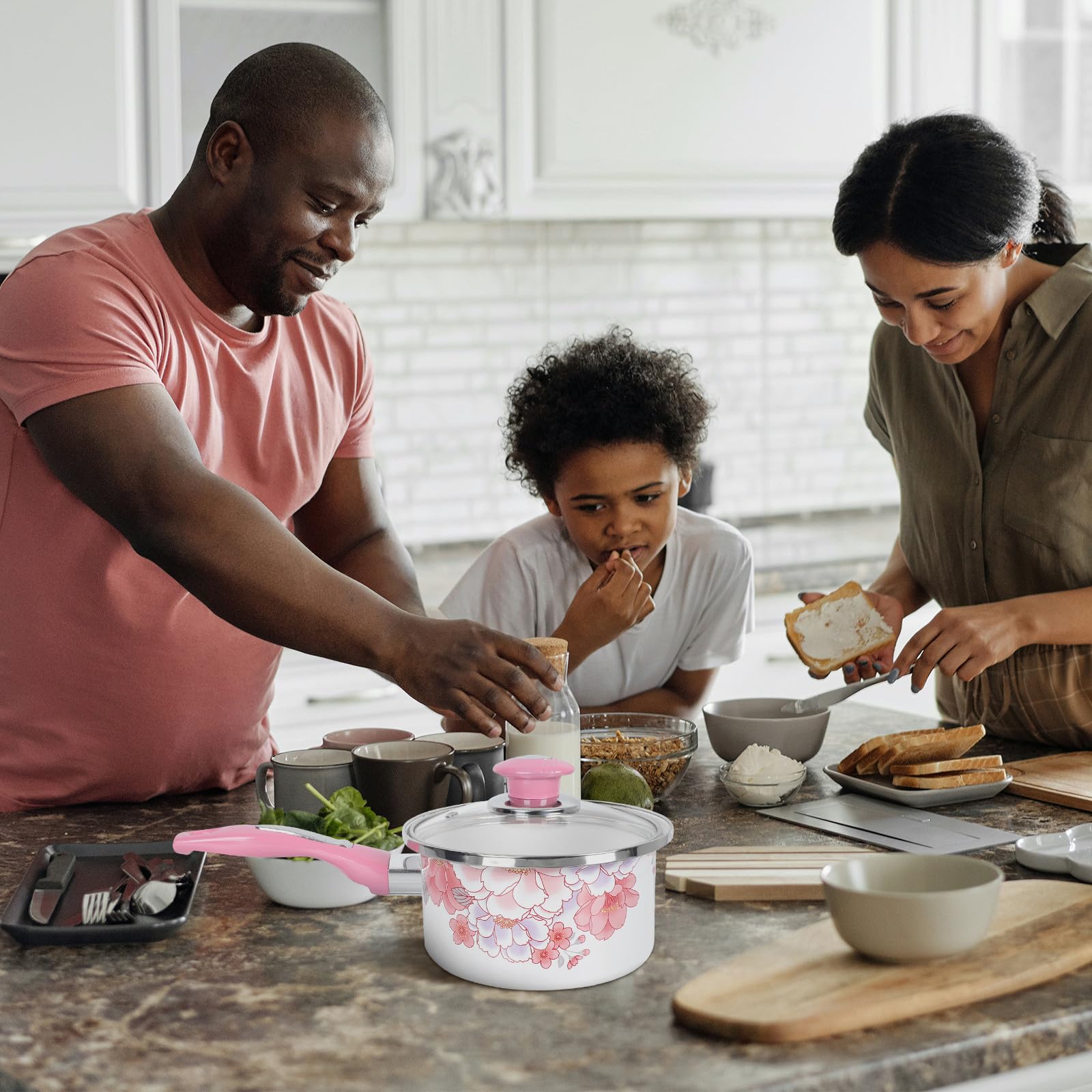 Luxshiny Dicker Emaillierter Babytopf in Rosa mit Glasdeckel Runder Kleiner Kochtopf für Küche Komfortabel zu Greifen zum Nudeln Kochen und Hühner Zubereiten