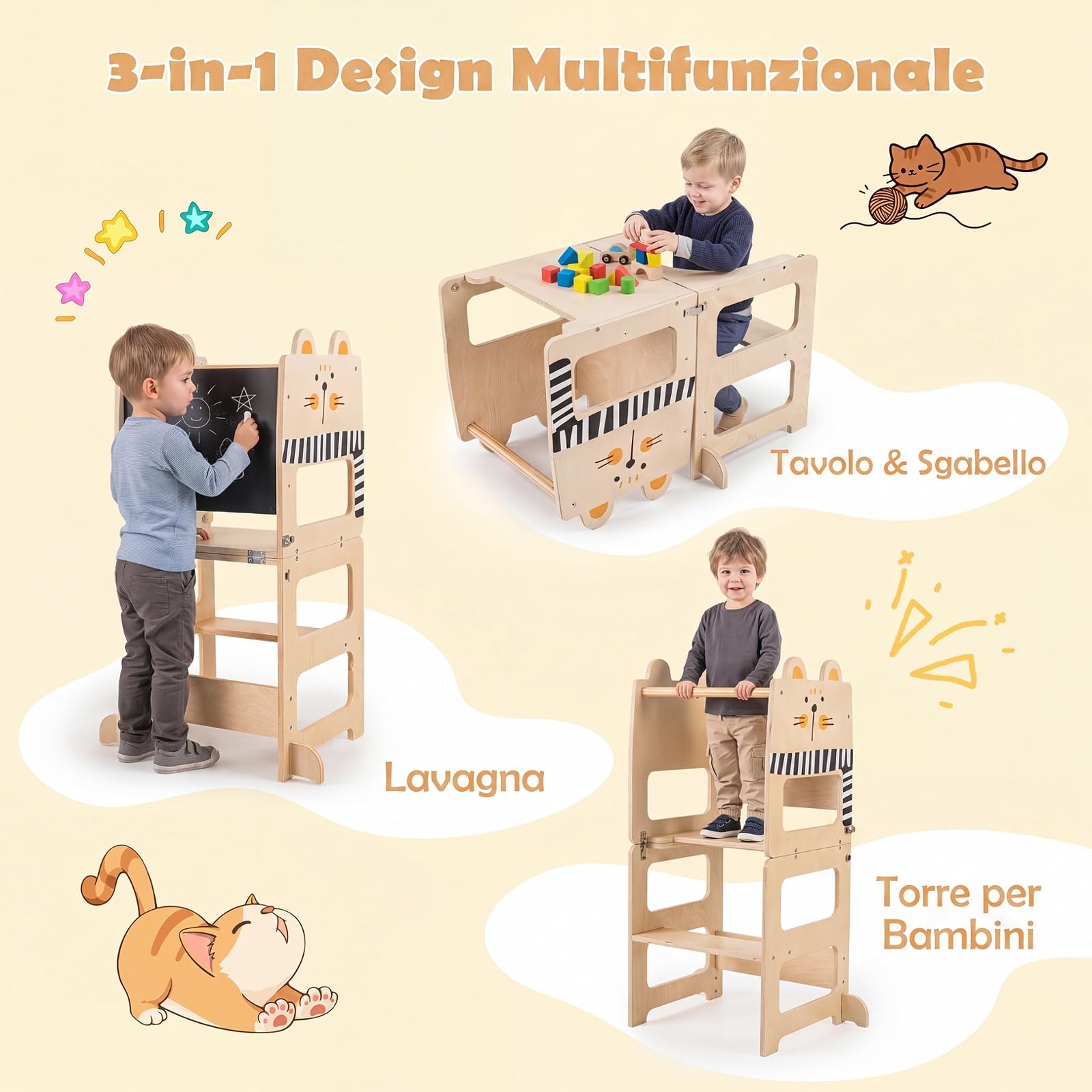 COSTWAY Torre Montessoriana per Bambini, Trasformabile in Tavolo e Sedia | Torre di Apprendimento con Lavagna Pieghevole, Forma di Gatto, Scala Sicura in Legno per Cucina e Bagno, 18+ Mesi
