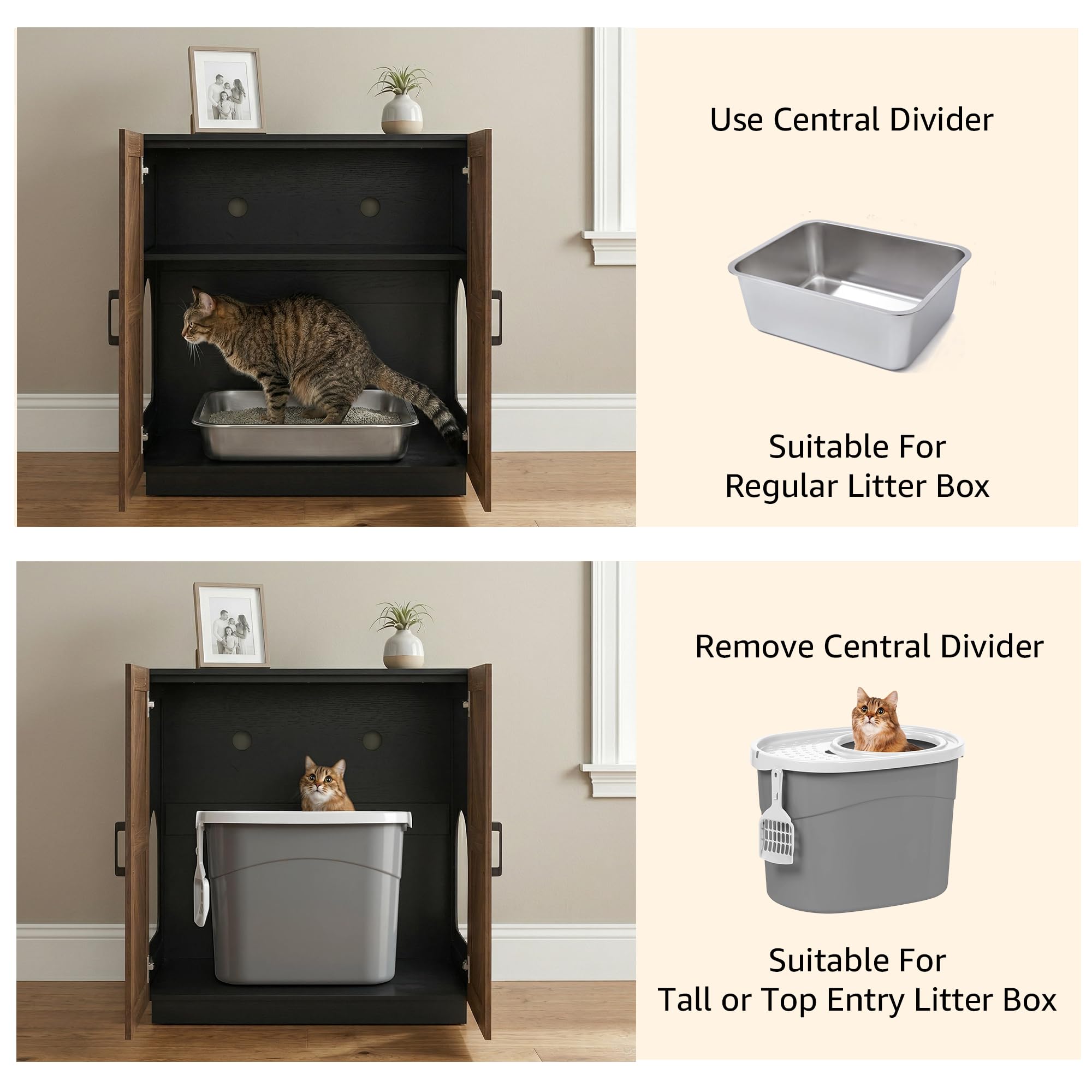 unipaws Cat Litter Box Enclosure Furniture with Storage Shelf, Tall Hidden Litter Box Cover for Tall or Top Entry Litter Box, Kitty Enclosed Cabinet, Cat Box with Odor Control, Walnut and Black - image 5