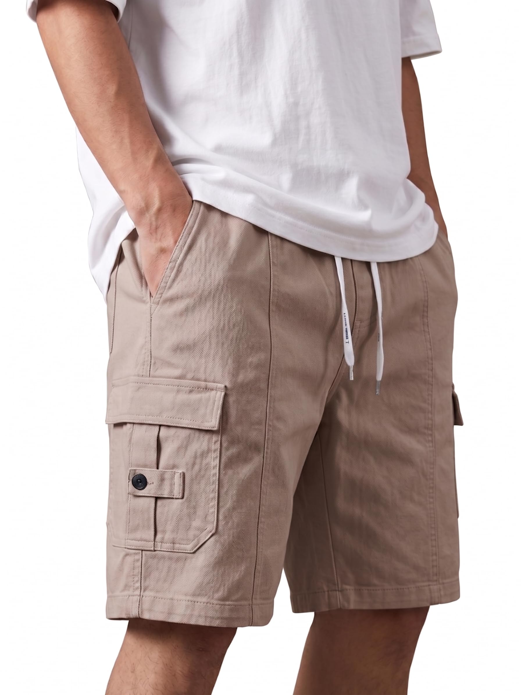 mehrang Casual Solid Cotton Blend Cargo Shorts with Drawstring, Relaxed Fit Lightweight Summer & Outdoor Wear with Multiple Pockets, Bermuda Shorts for Men.-picture-52