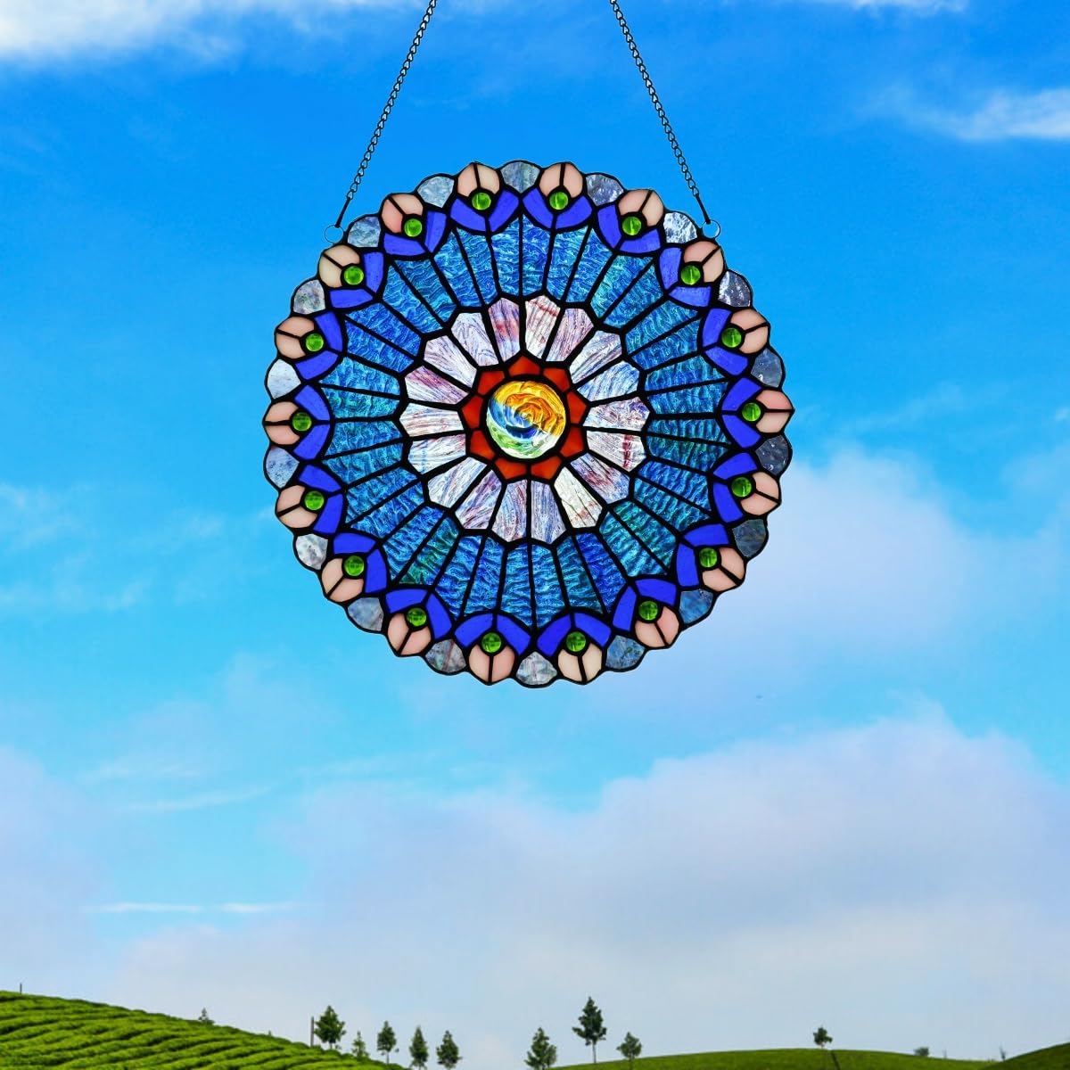 Mini-Fensterbehang im Tiffany-Stil, 30,5 cm, handgefertigt, grüne Blumen-Sonnenfänger für Fenster oder Wand, Blau und Rot