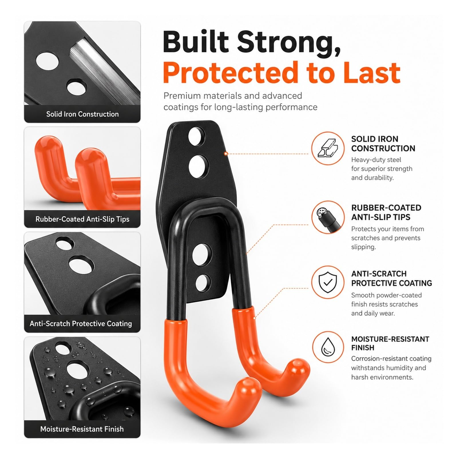 Ganci da Parete con Rivestimento in Gomma Antigraffio, Ganci Garage Doppia Crampata in Acciaio, Porta Attrezzi da Parete in Ferro per Officina, Garage, Trapani e Tubi(Orange)