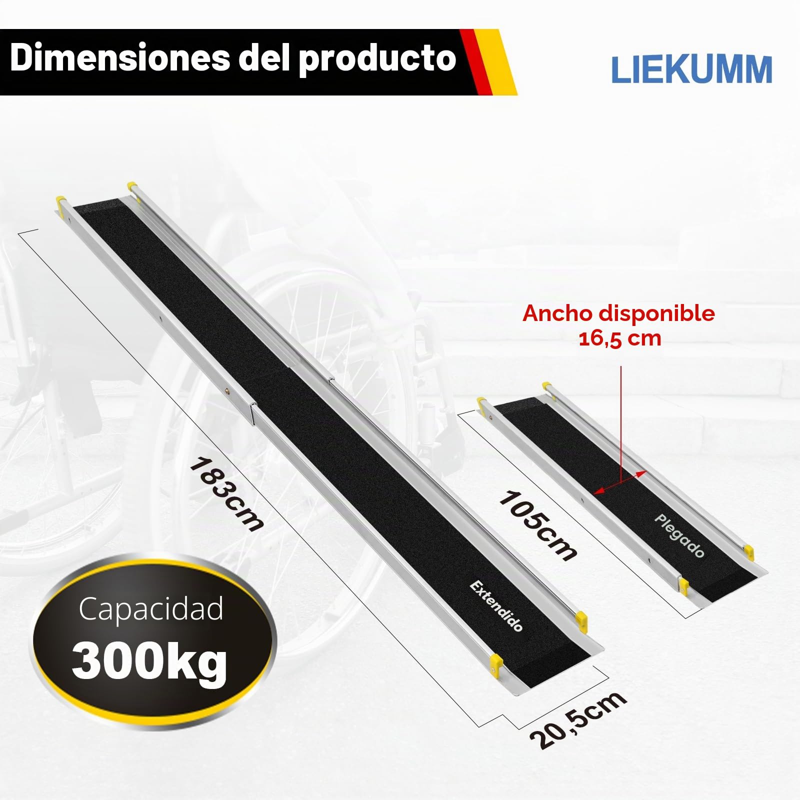 LIEKUMM Rampa telescópica para sillas de ruedas de 105 a 183 cm, capacidad de carga de 300 kg, rampa telescópica para umbrales de puerta, sillas de ruedas eléctricas, bicicletas, 3 longitudes