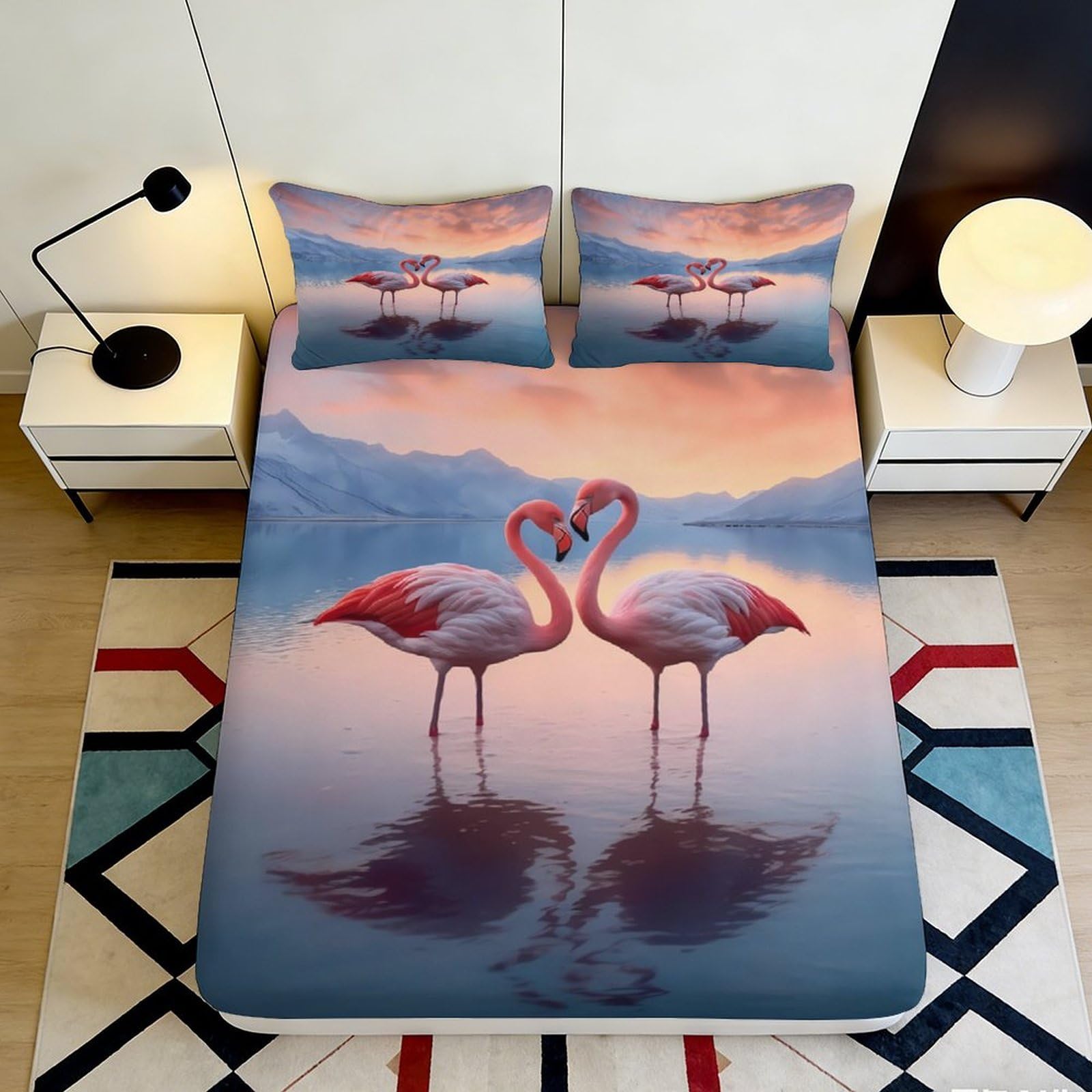 3D Printed Flamingo Sunset Fitted Sheet Microfiber Soft Pink Lake Reflection Mattress Cover Bedroom Decor Protector 90x200x25cm
