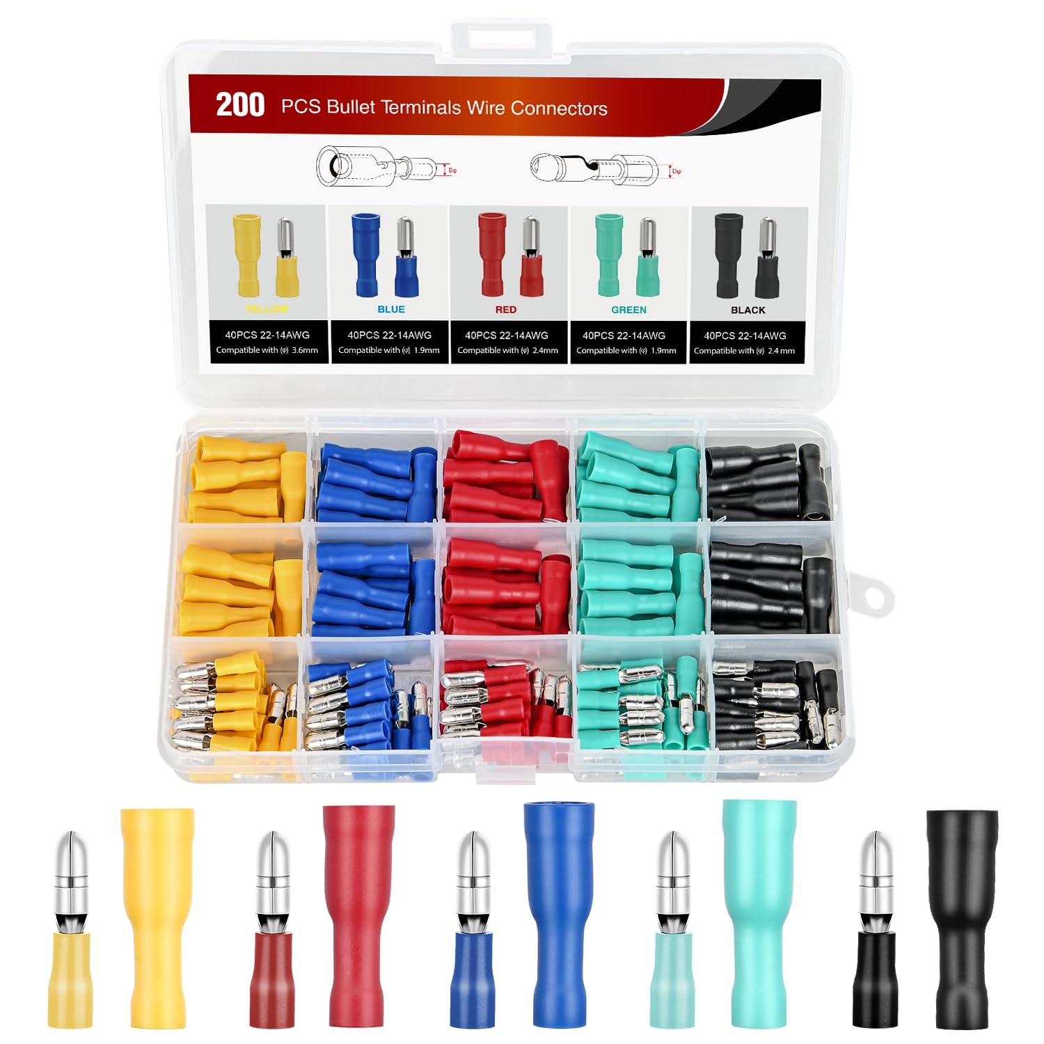 Nilight 200PCS Bullet Terminals Wire connectors AWG 22-10 Female & Male Bullet Butt Insulated Waterproof Electrical Connector Kit for Automotive Marine Electrical Wiring, 2 Years Warranty