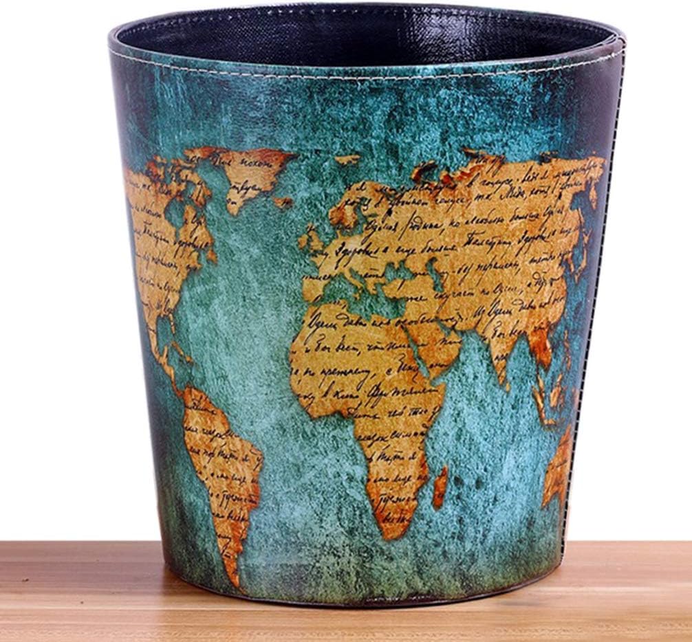 Vintage Leather Trash Can - Retro Waste Toillet Paper Bin Basket for Bathroom Bedroom Office (Blue World map)