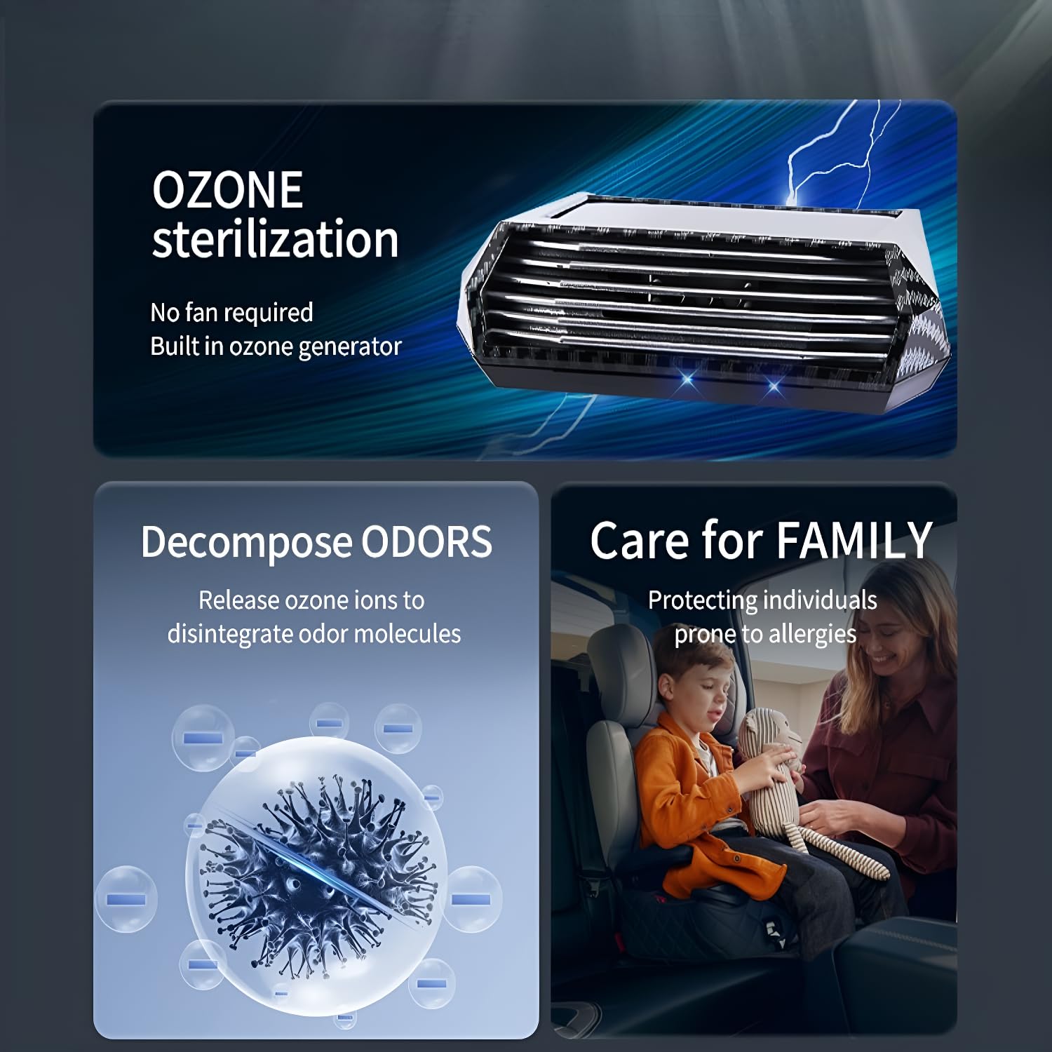 Purificador de aire solar para automóvil con carga USB y eliminación de olores de ozono, ionizador portátil sin filtro HEPA para humo, olores de mascotas, COV, compacto, silencioso, mejor para uso en