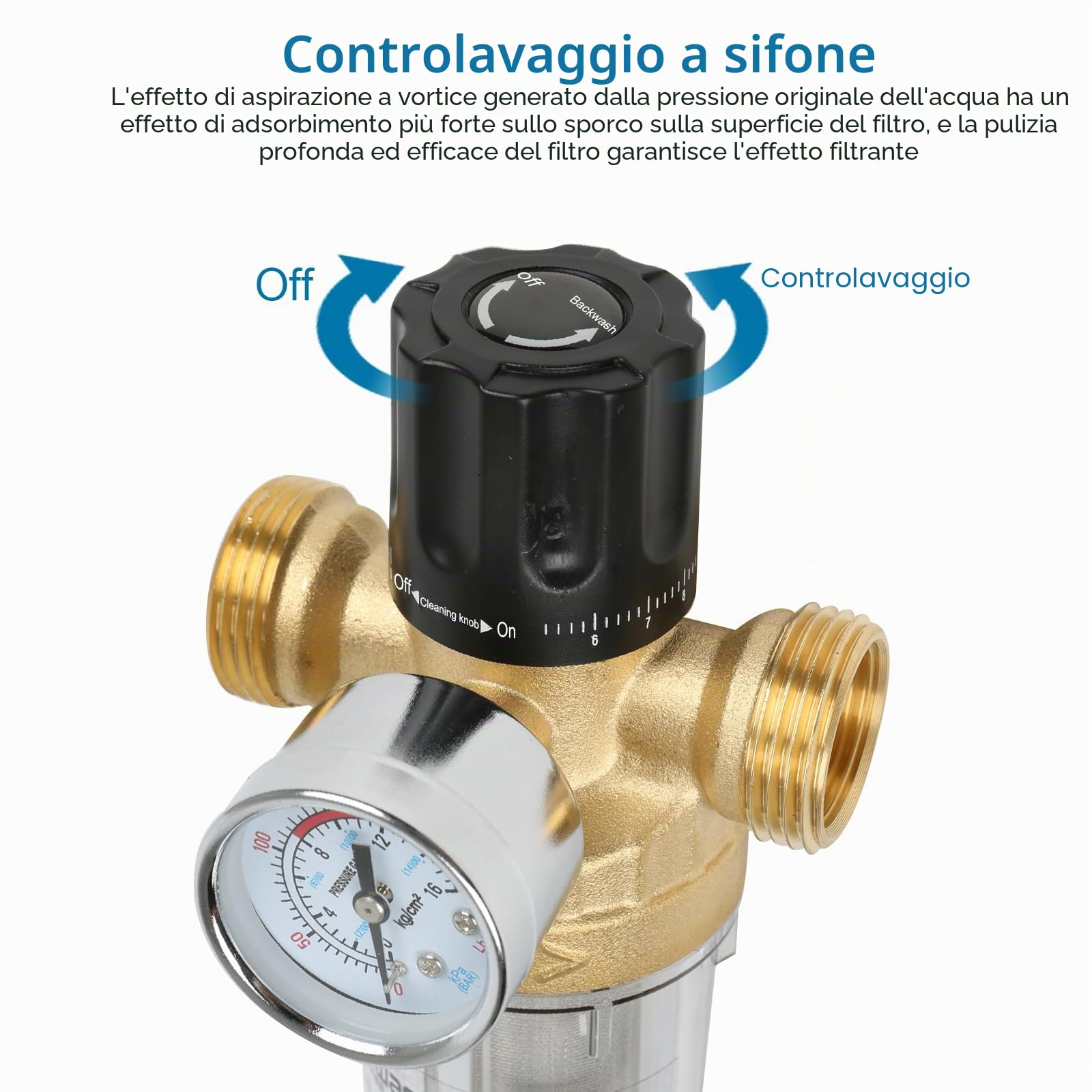Filtro di riavvolgimento, filtro dell'acqua con manometro, riutilizzabile, filtro sedimenti pre-filtro dell'acqua, filtro per l'acqua per sedimenti di spin down, filtro fine risciacquabile (1 pollice