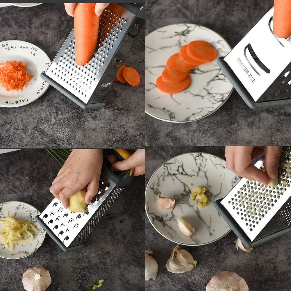 ArinkO Grattugia Formaggio 4 Lati Acciaio Inossidabile - Manico Antiscivolo, Lame affilate - Ideale per Frutta, Verdura e Formaggi - Argento