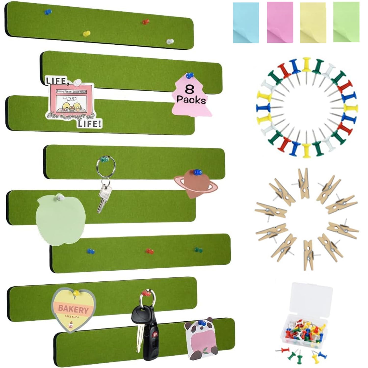 Vuzvuv 8 pcs Bulletin Board Bar Strips with 50 Pushpins & 10 Wooden Clip pins，Self Adhesive Cork Board for Wall，Felt Pin Board for School，Office Decor