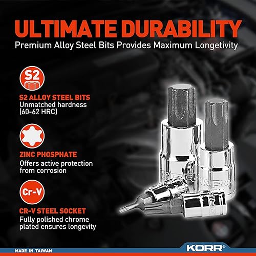 Miniatura 4 de KORR Tools KSS004 - Juego de llaves de vaso Torx de 13 piezas, tamaños de T8 - T60 | 1/4 pulgadas, 3/8 pulgadas y 1/2 pulgadas