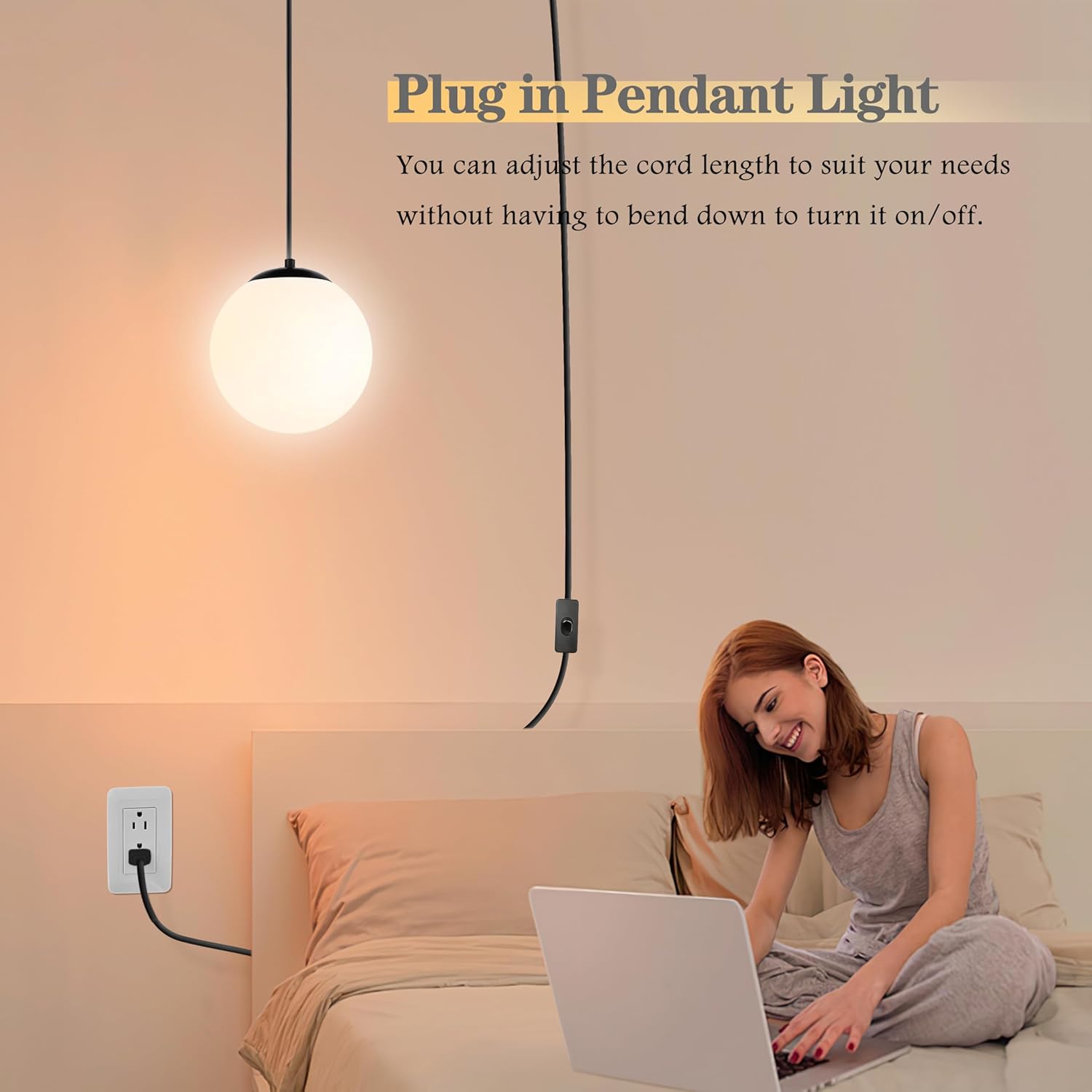 KoKo&Yukina 8" Globe Pendant Light Black Plug in Pendant Light Adjustable Hanging Lights with Plug in Cord Matte Black Finished with Milk Glass Lampshade for Bedroom Kitchen Island（Bulb Included）