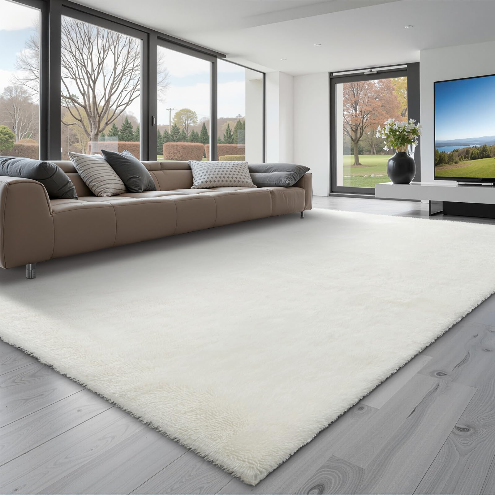 VEVOR Tapis Salon Chambre Poil Long 2,44 x 3,05 m Tapis Moderne de Décoration Intérieur Rectangulaire Antidérapant Peluche Moelleux Doux Épais Non Tissé pour Salon, Chambre à Coucher, Blanc Ivoire