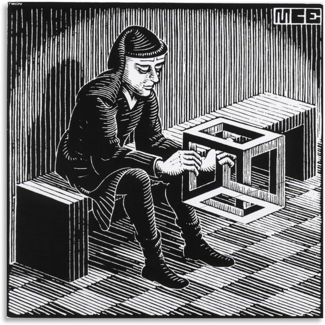 Rikin Liuff With Cuboid by M.C. Escher Poster and Prints Abstract Wall Art M.C. Escher Canvas Painting for Office Home Wall Picture Decor 50x50cm Unframed