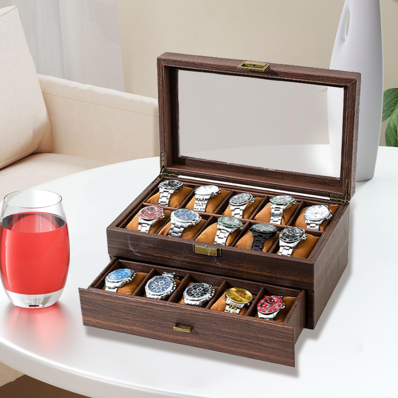 Elegante caja de reloj de grano de madera, práctico soporte múltiple para relojes con tapa de cristal y cajón de almacenamiento para hombres