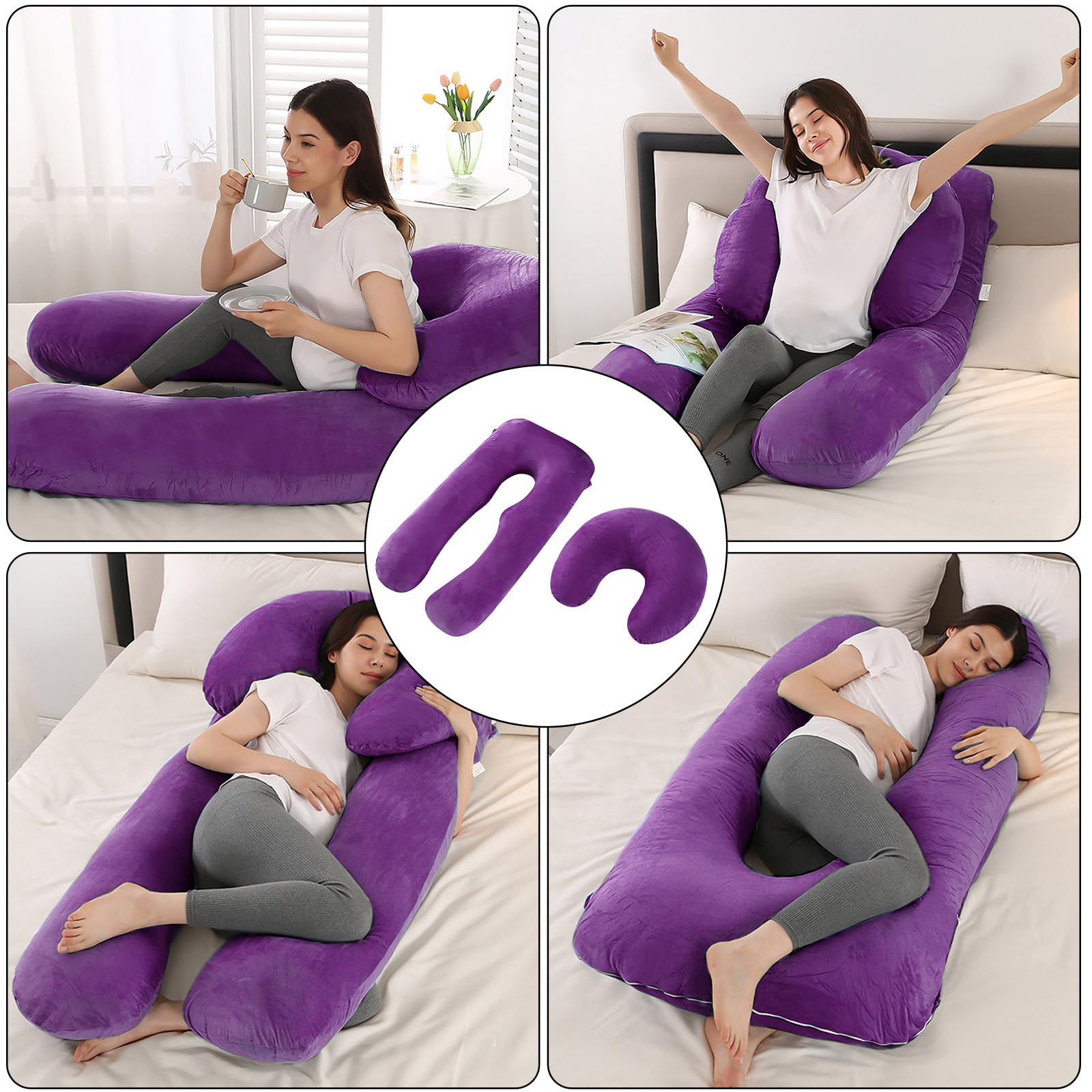 CALIYO Almohada de maternidad de 2 piezas en forma de U, almohada para dormir de lado con funda, cojín de lactancia grande, almohada de lactancia y cojín cómodo para adultos (lila, terciopelo