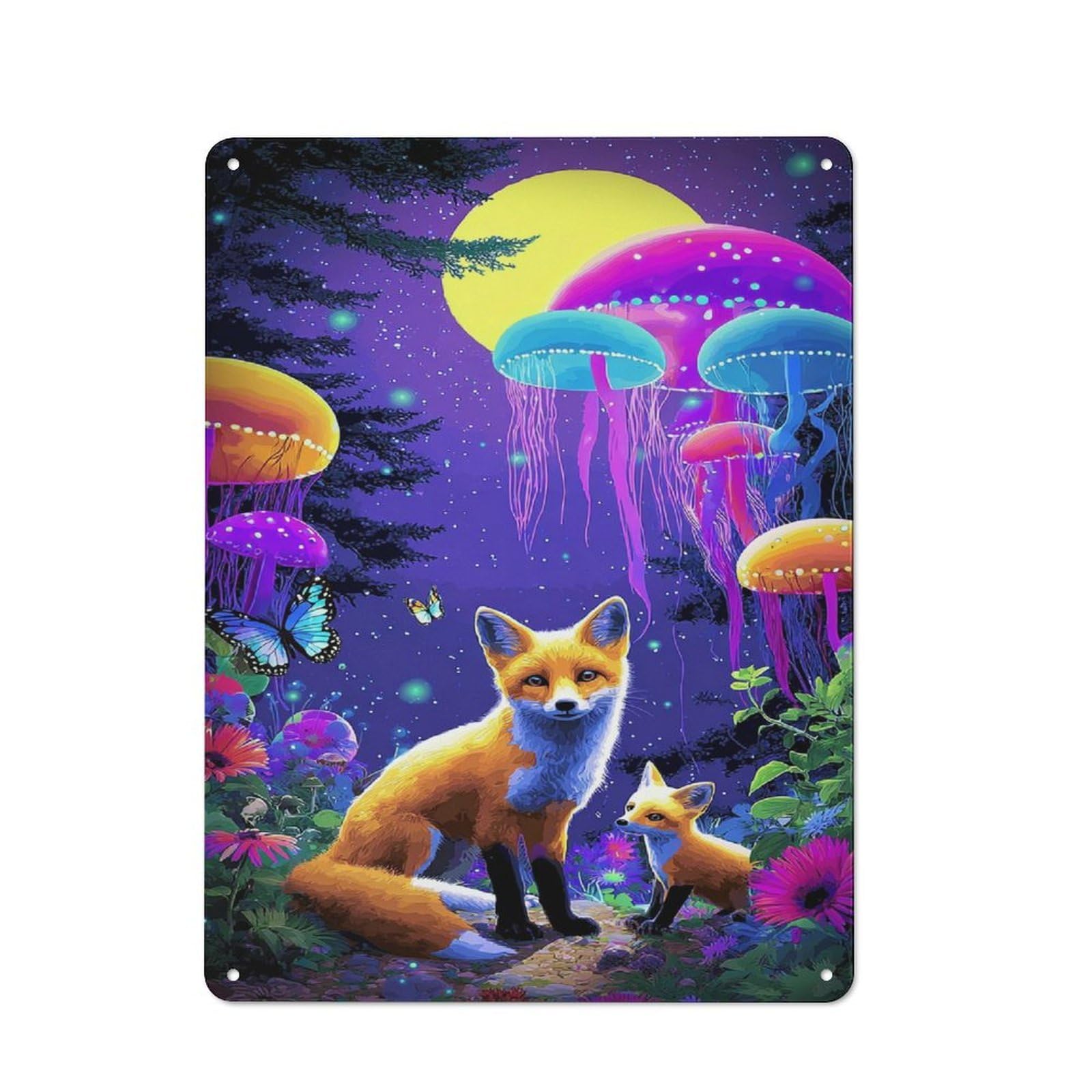 Metal Wall Plaque with Enchanted Forest with Foxes And Jellyfish Mushrooms Design 40x30cm, Classic Retro Room Decor for Kitchen, Hallway, Bar Or Small Cafe
