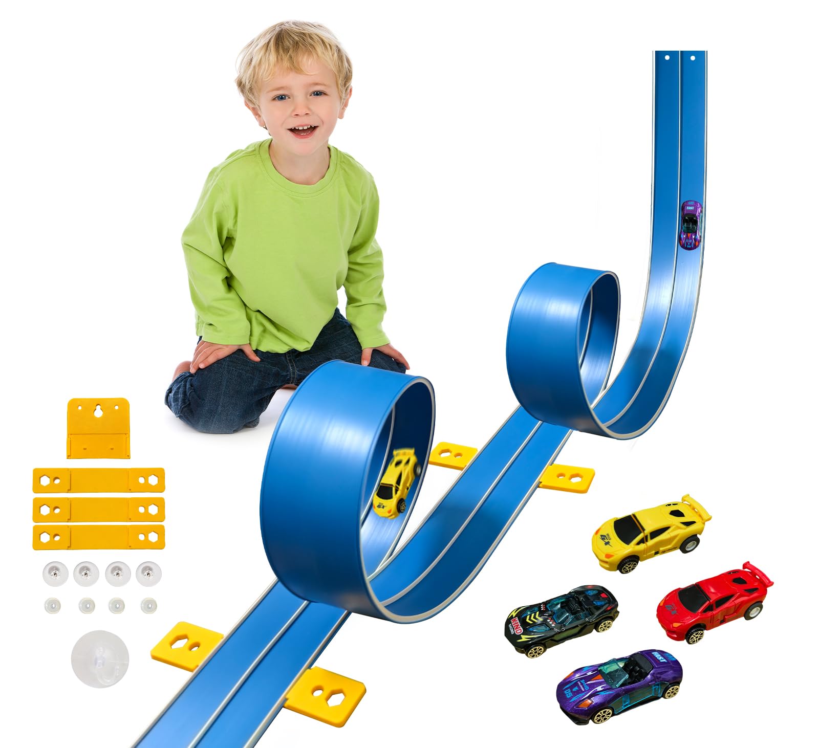 15 Ft Flexible Race Car Track (Daytona Blue) for Kids,Flex Track Starter Set Compatible with Hot Wheels and Diecast 1/64th Cars,Portable Racetrack
