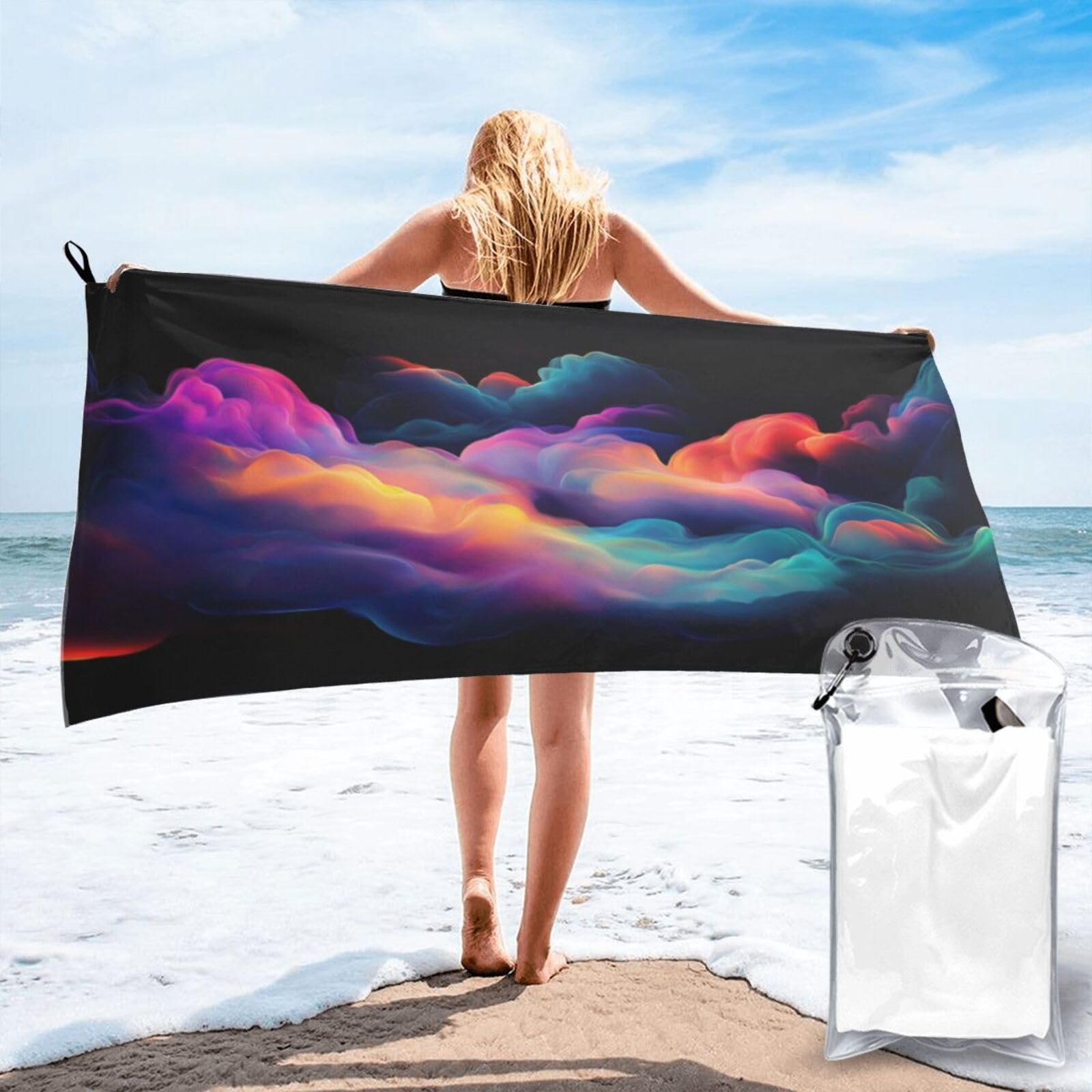 Anceky Vibrant Clouds of Neon Colors Quick Dry Microfiber Travel Towel with Carry Case and Carabiner 27.5"X55"