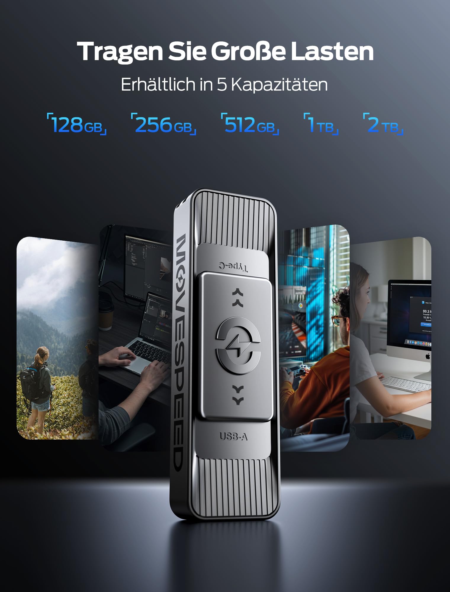 MOVE SPEED Externe SSD 128GB, Externe Festplatte mit bis zu 560MB/s Lesegeschwindigkeit, SSD Extern mit Dual-Ports & Push-Pull Design, Typ-C + USB 3.2 Portable SSD für iPhone 17/16/15/Android/Mac