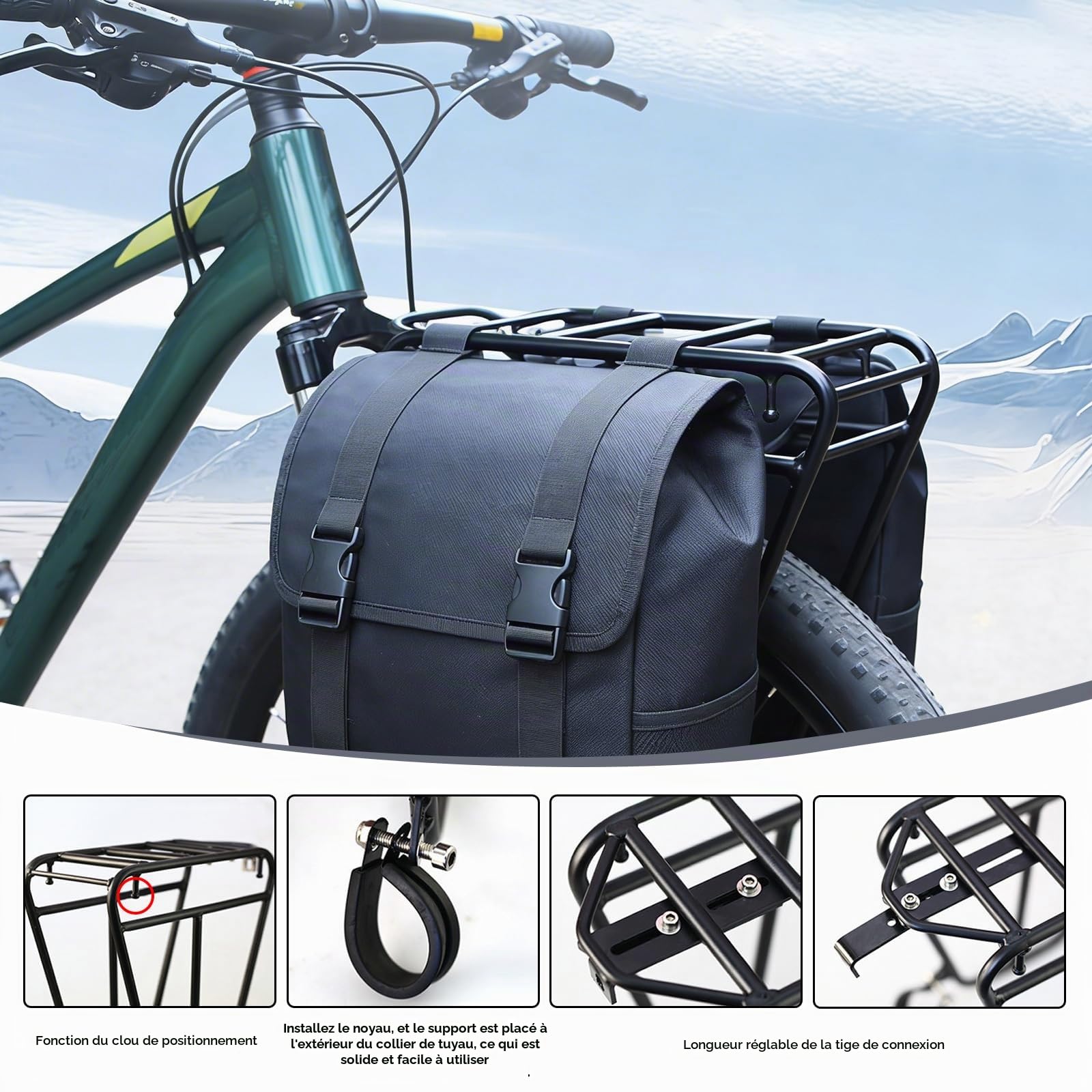 Porte-Bagages pour vélo, réglable, Acier, pour Tourisme et Charge | 25kg; installation facile; pour VTT.