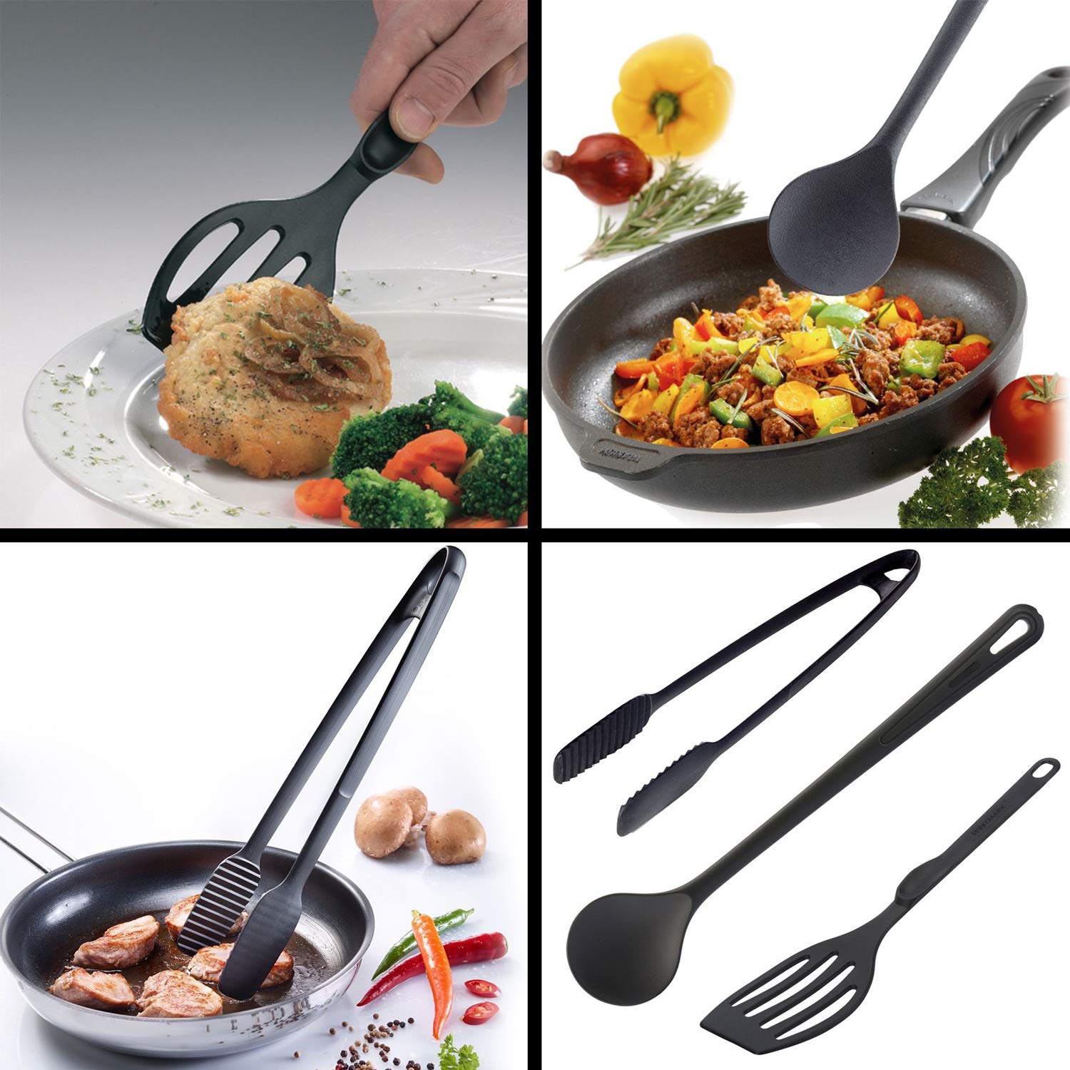 Westmark Set di utensili da cucina, 3 pezzi, Paletta, cucchiaio e pinze, Per girare, mescolare e servire alimenti, Plastica, Nero, 286922E6