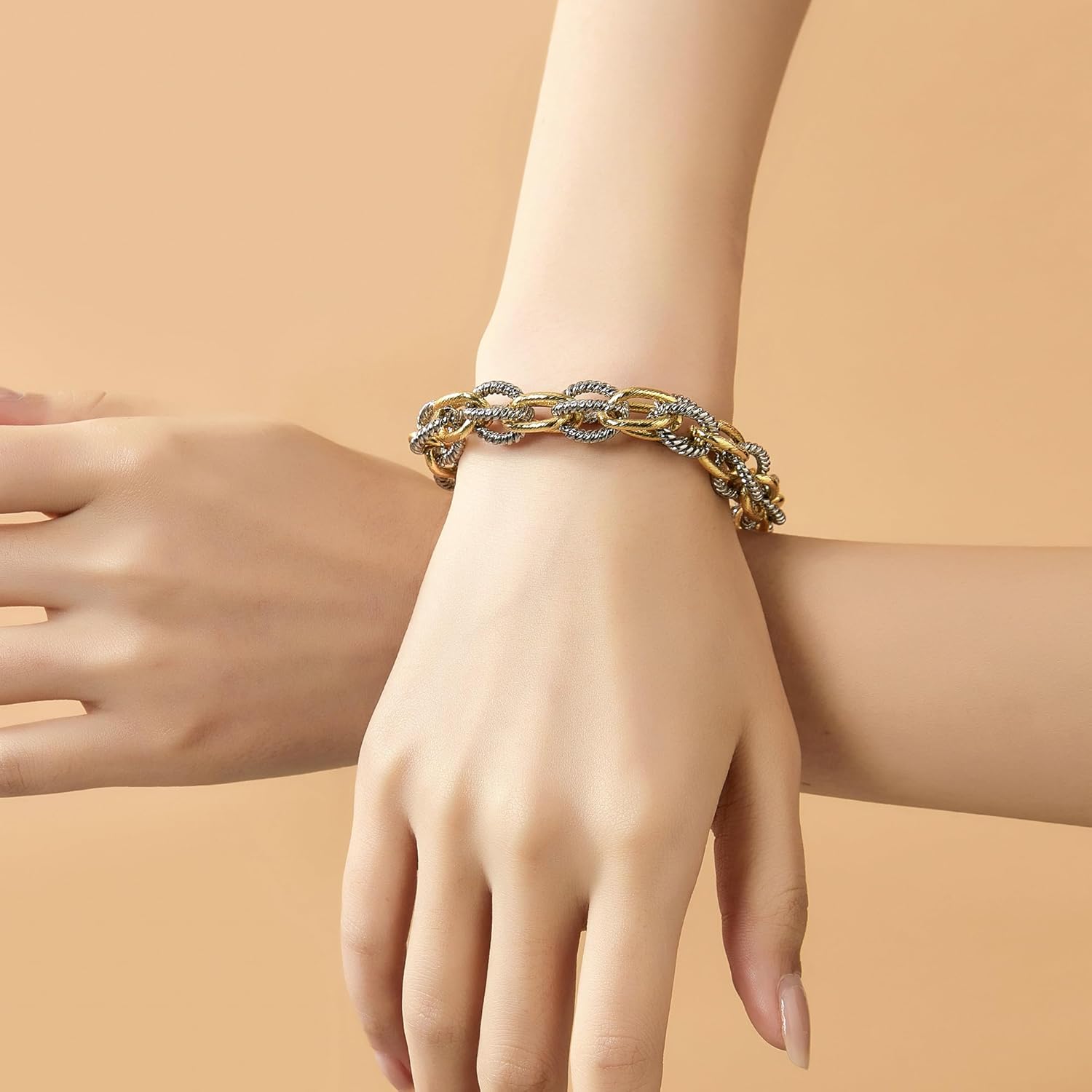 Mytys Chunky Chain Link Bracelet Two-Tone Mixed Metal Textured Toggle Clasp Statement Bangle Bracelet Jewelry for Women Fashion - Image 3