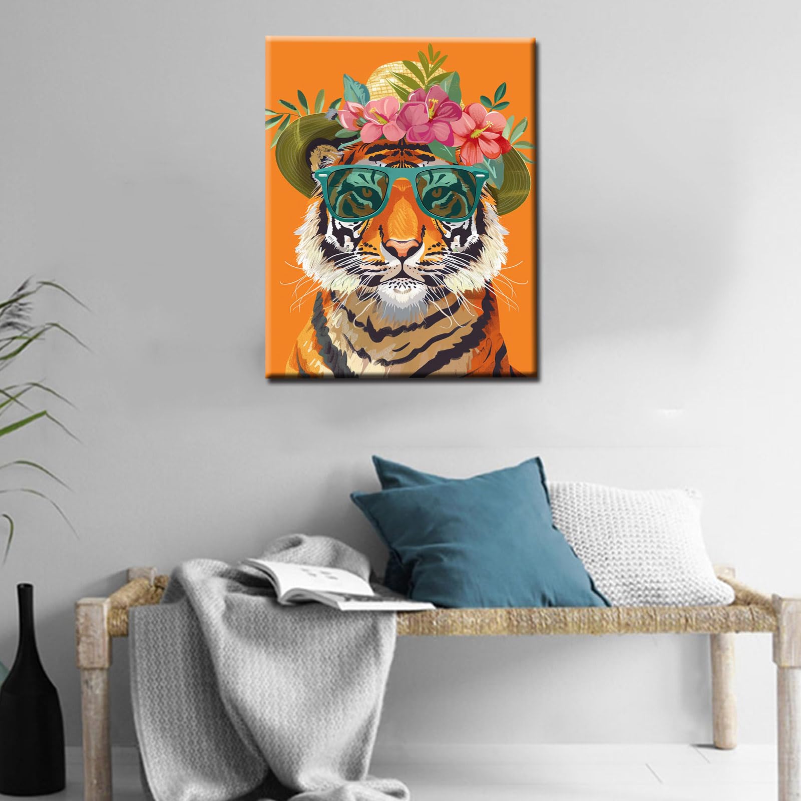 Walarky Cute Animal Poster Prints Artwork Tiger Wear Shades and Flowers Straw Hat 1P Canvas Room Wall Creative Pictures Home Decor for Living Room Framed Gallery-Wrapped Ready to Hang 16x24inch - Image 3