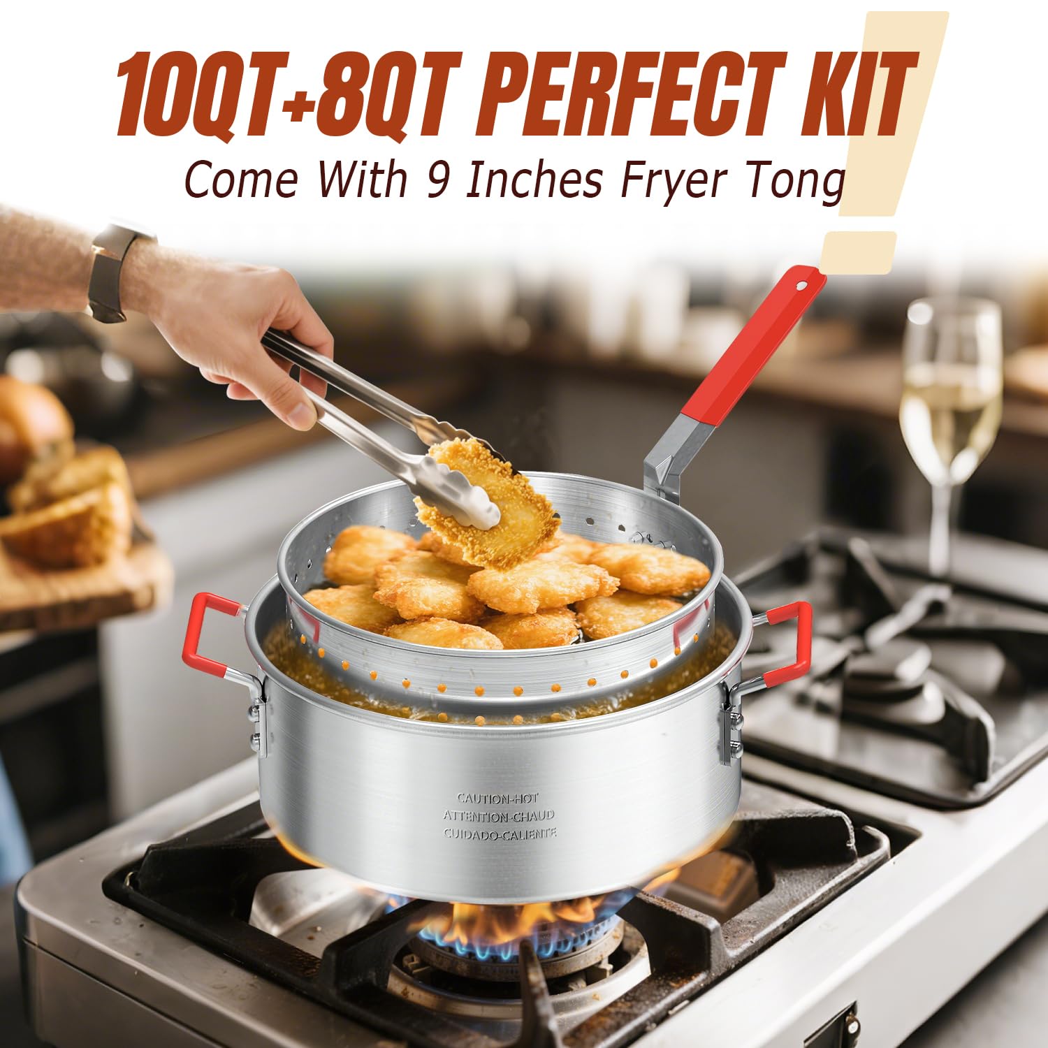 10QT Propane Fish Fryer with Lid, Cover, Fryer Tong & Thermometer, 8QT Basket for Frying Fish, Chicken Wings, French Fries, Deep Fryers with 5 PSI Regulator & 55,000 BTU Burner for Outdoor Cooking