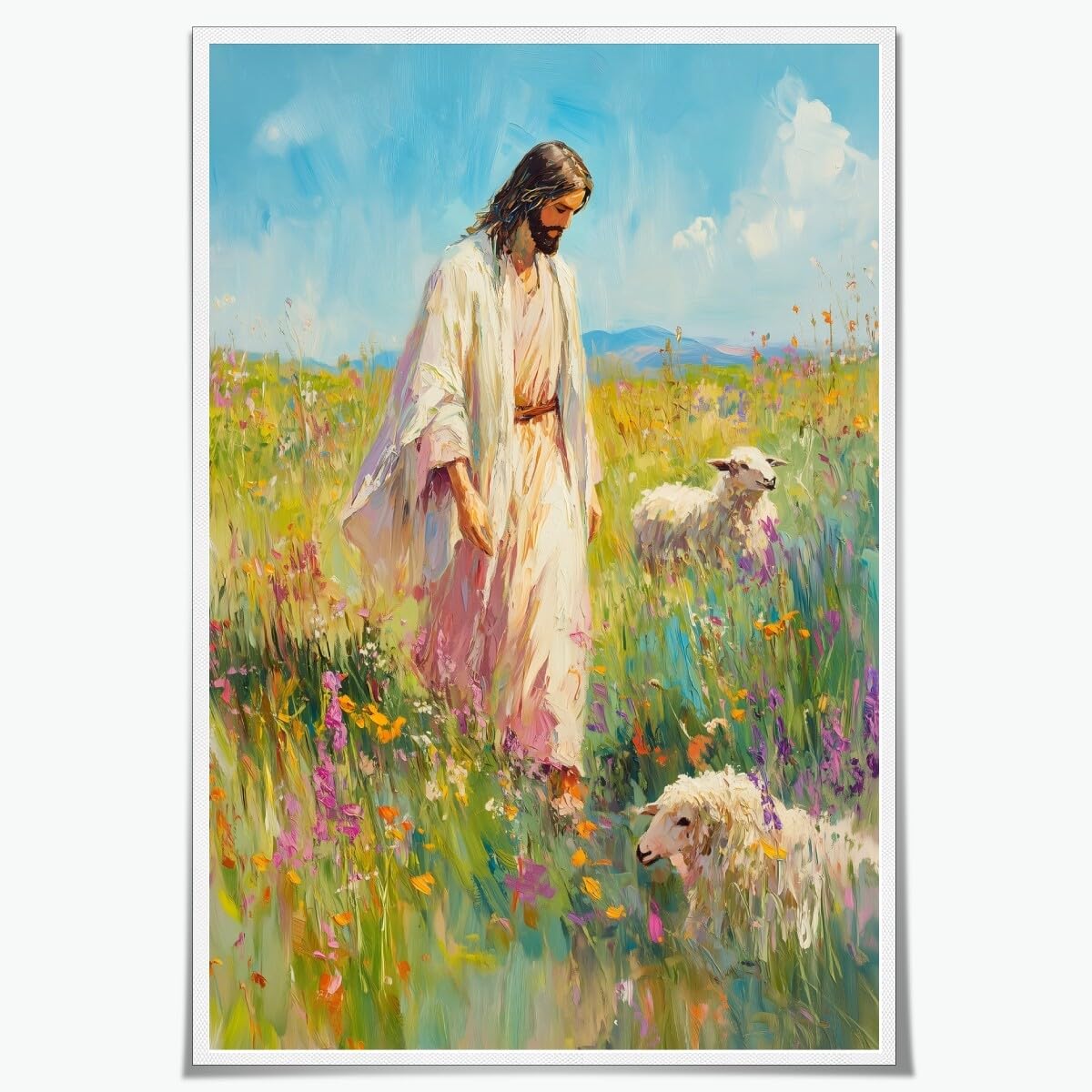 Jesus Canvas Wall Art Easter Poster Christ Saving Lost Sheep in Wildflower Field Print Inspirational Christian Easter Decor Pastel Religious Painting