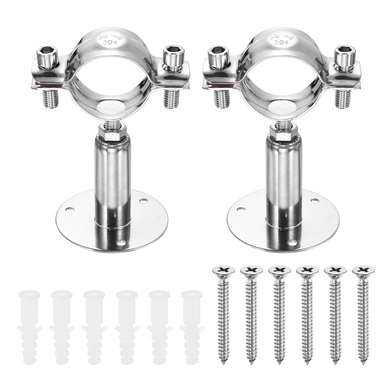 sourcing map 2 Set Wall Mount Ceiling Mount Pipe Supports 304 Stainless Steel Adjustable Pipe Bracket Clamp with Screw for OD Pipe 1.5"-1.6" (38-40mm) Adjustable Height 50-100mm