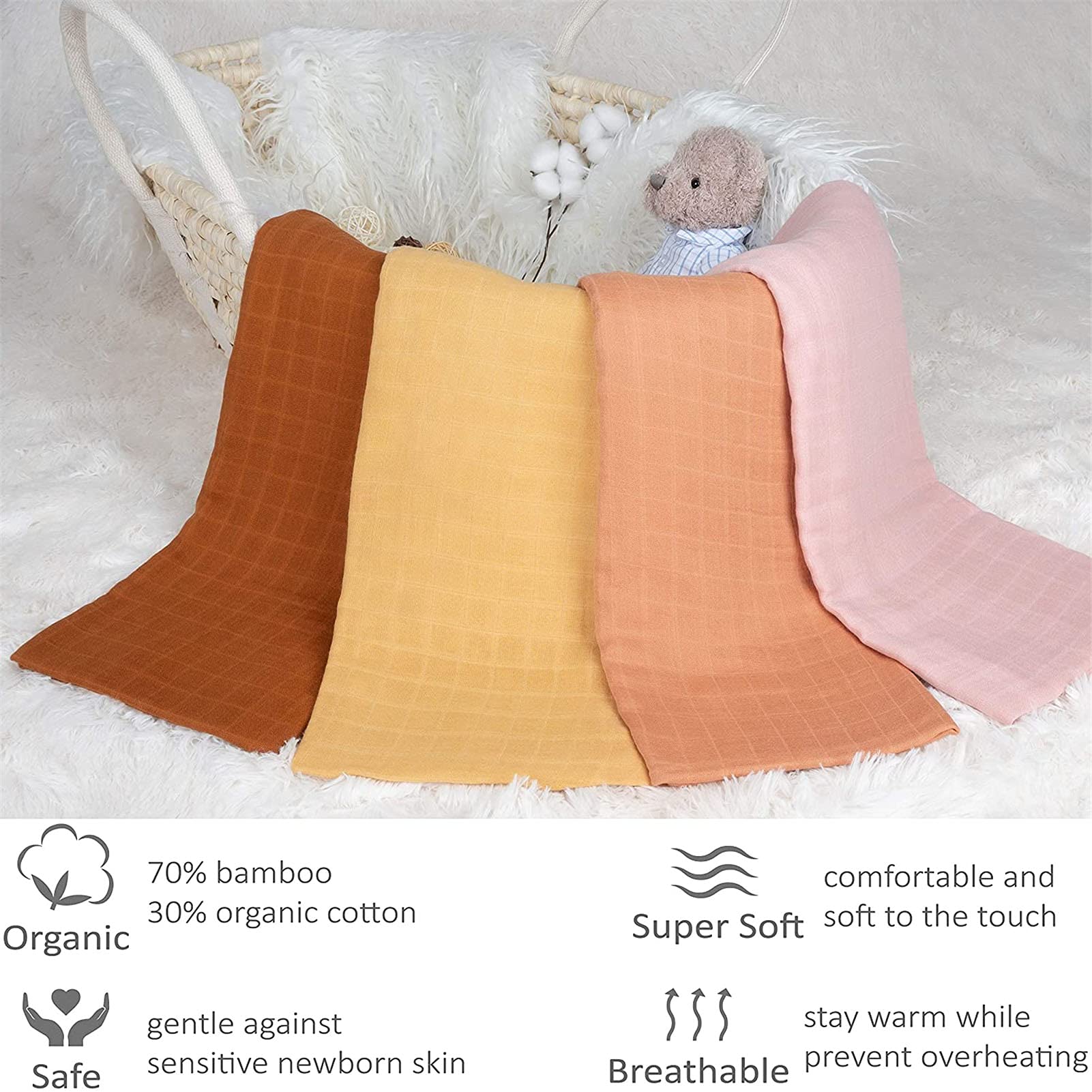 Copertina Neonato, 4 Pezzi Baby Swaddle Coperta, Mussole Neonato Coperta di Sicurezza,Telo Bagno,120 cm X 120 cm,Unisex Bambino Panno Ci Copertura