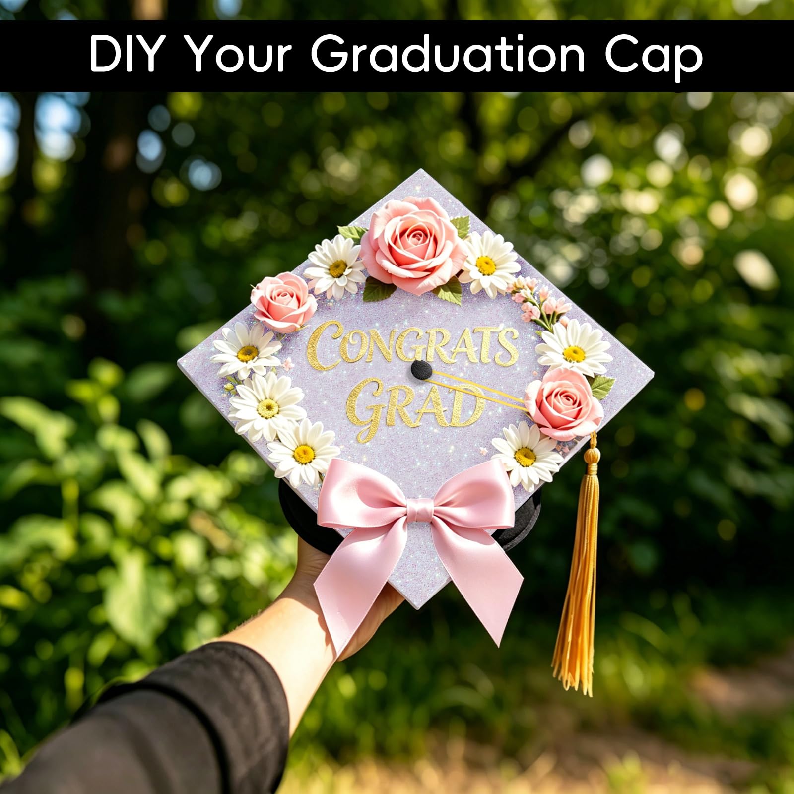 6 Sheets Graduation Cap Decoration Blank Grad Cap Topper Self-Adhesive Glitter Grad Hat Topper Cover Decor for 2026 DIY Graduation Cap Decoration, White — view 7