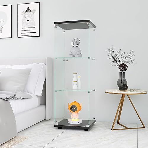 Miniatura 5 de Yoluckea Gabinete de cristal, 3 estantes de cristal con puerta, colección Curio, vitrina de cristal para oficina en casa, estantería de pie, armario