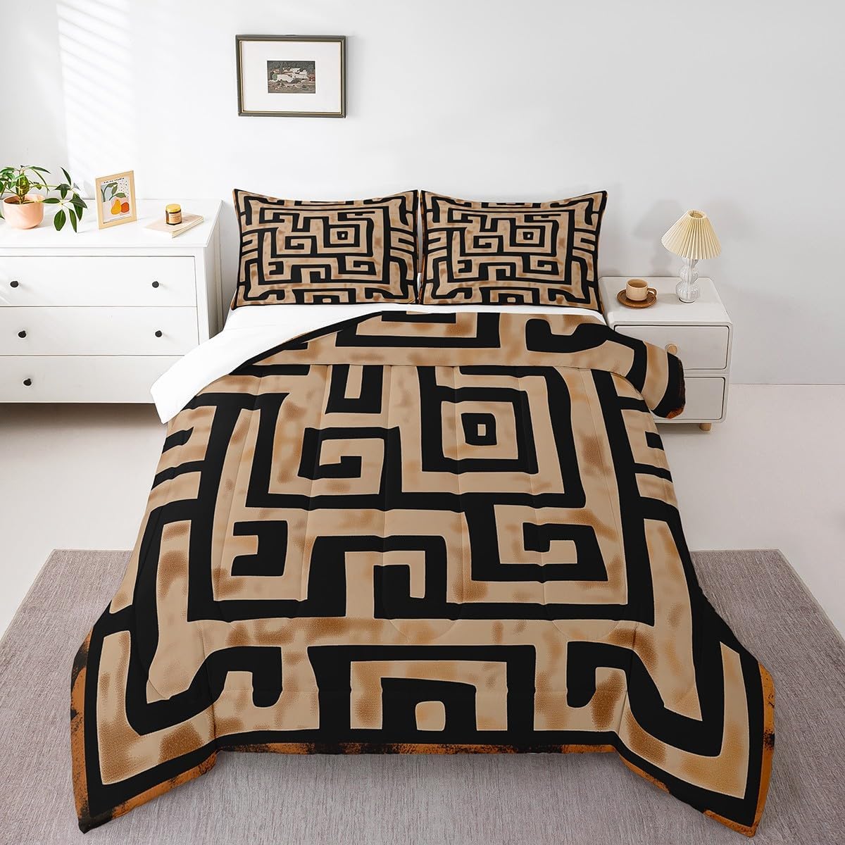 Exotic Tribal Pattern Comforter Set Twin Size,Retro Geometric Line Trippy Bedding Set for Kids Teens Adults Room Decor,Abstract Art Quilt Set 2Pcs,Vintage Rustic Style Duvet Insert,1 Pillowcase
