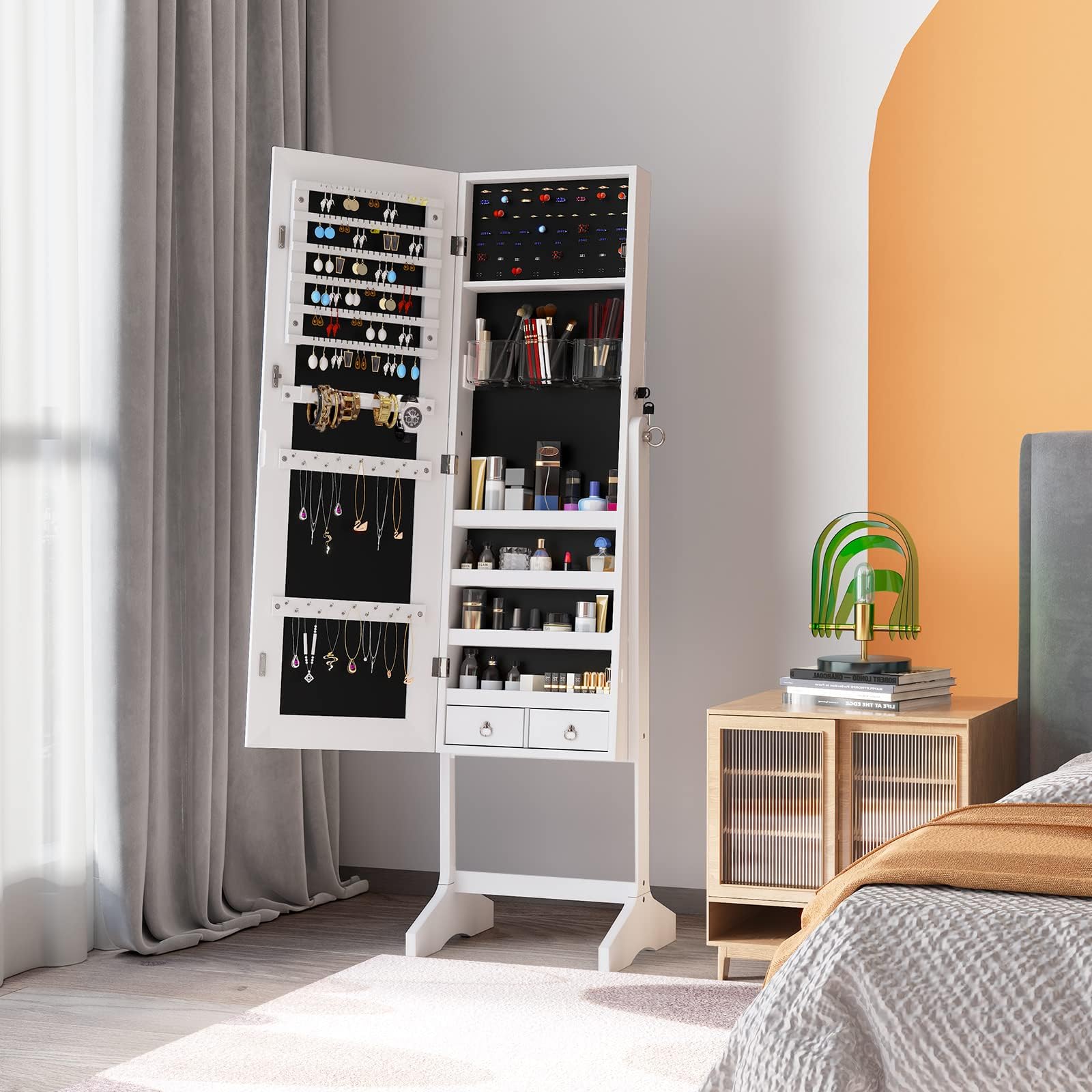 Dripex Schmuckschrank mit Spiegel stehend, Schmuck Spiegelschrank abschließbar, 2 in 1 Make-Up und Schmuck Aufbewahrung, Schmuck Organizer mit Standspiegel für Ketten, Ohrringe, Schminke, weiß