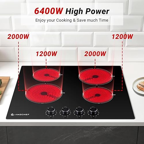 Miniatura 2 de AMZCHEF Estufa eléctrica integrada de 24 pulgadas, 2406400 W, 11 niveles de potencia, estufa eléctrica de cerámica con control de perilla, indicador