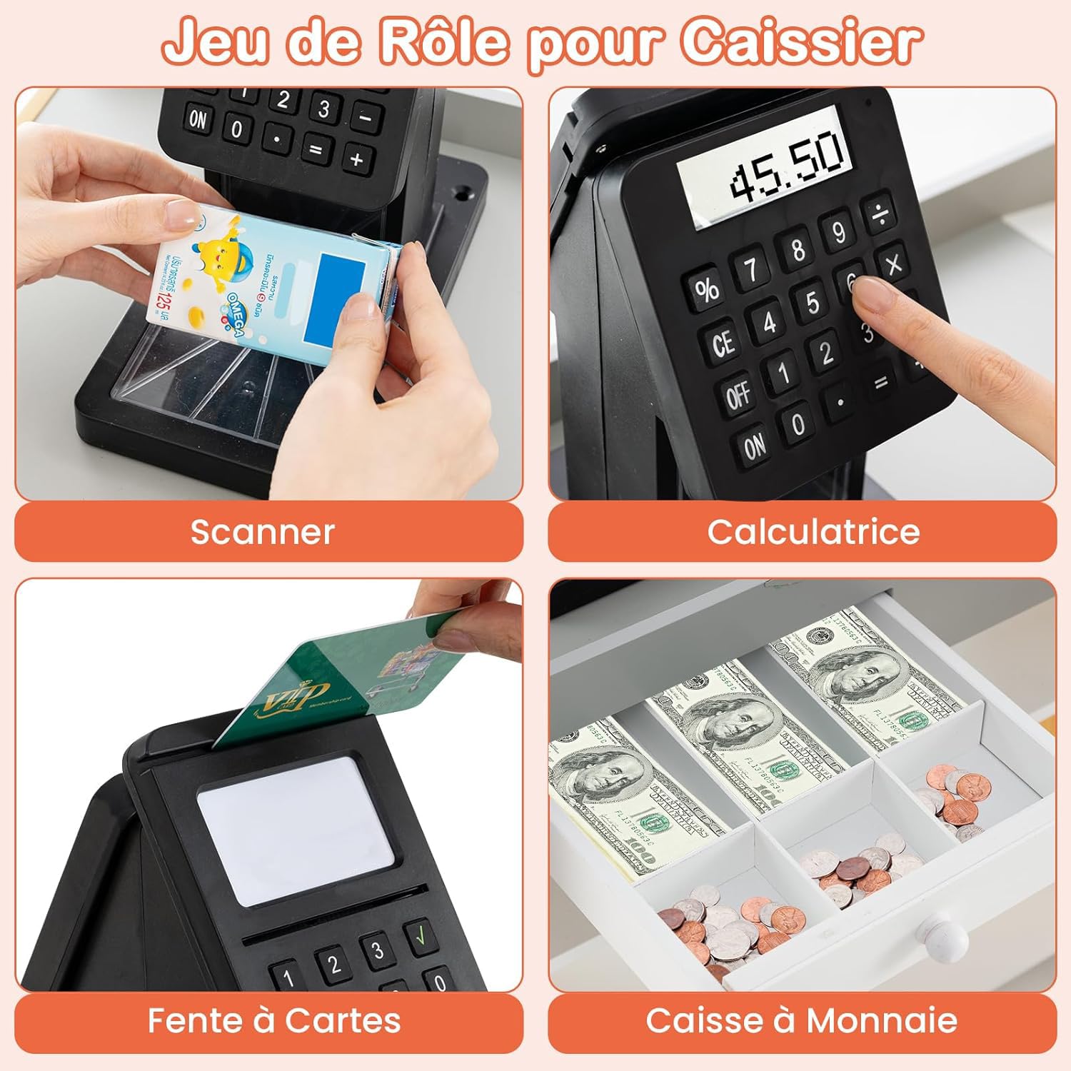 GOPLUS Marchande en Bois Enfant, Supermarché Enfant avec Chariot de Courses, Caisse Enregistreuse, Scanner, Tableau Noir, Grand Rangement, Jouet pour Filles Garçons 3+ Ans