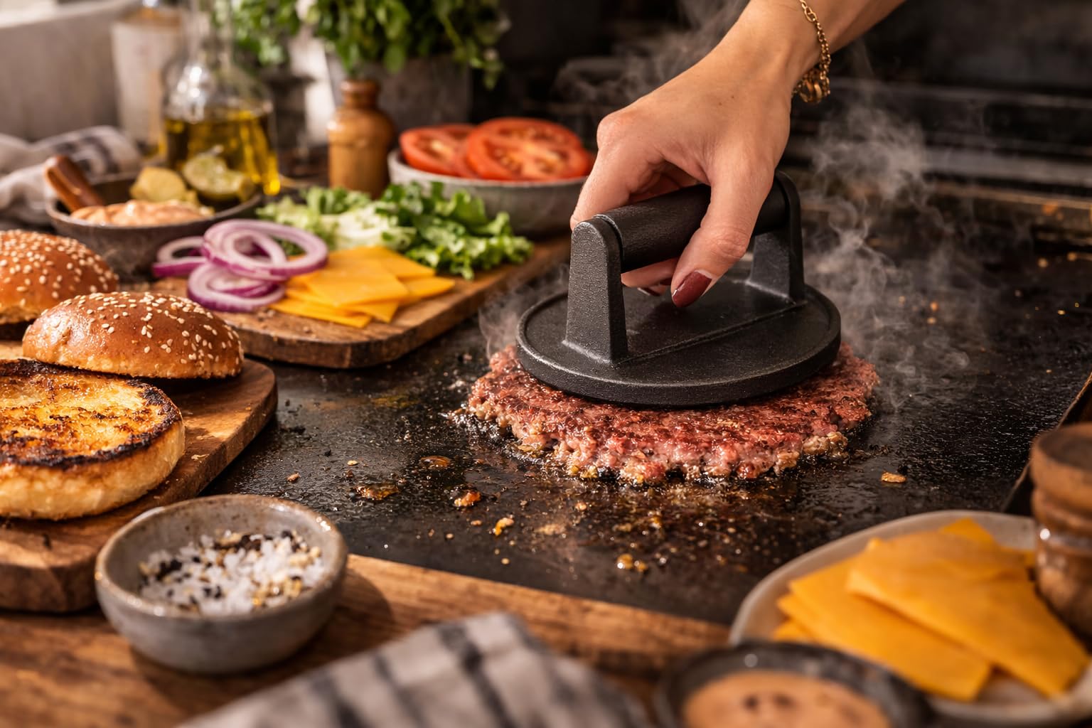 Smash Burger Presse Gusseisen – Burger Smasher mit Holzgriff – Grillpresse für perfekte Kruste | Fleischbeschwerer für BBQ, Steak & Bacon