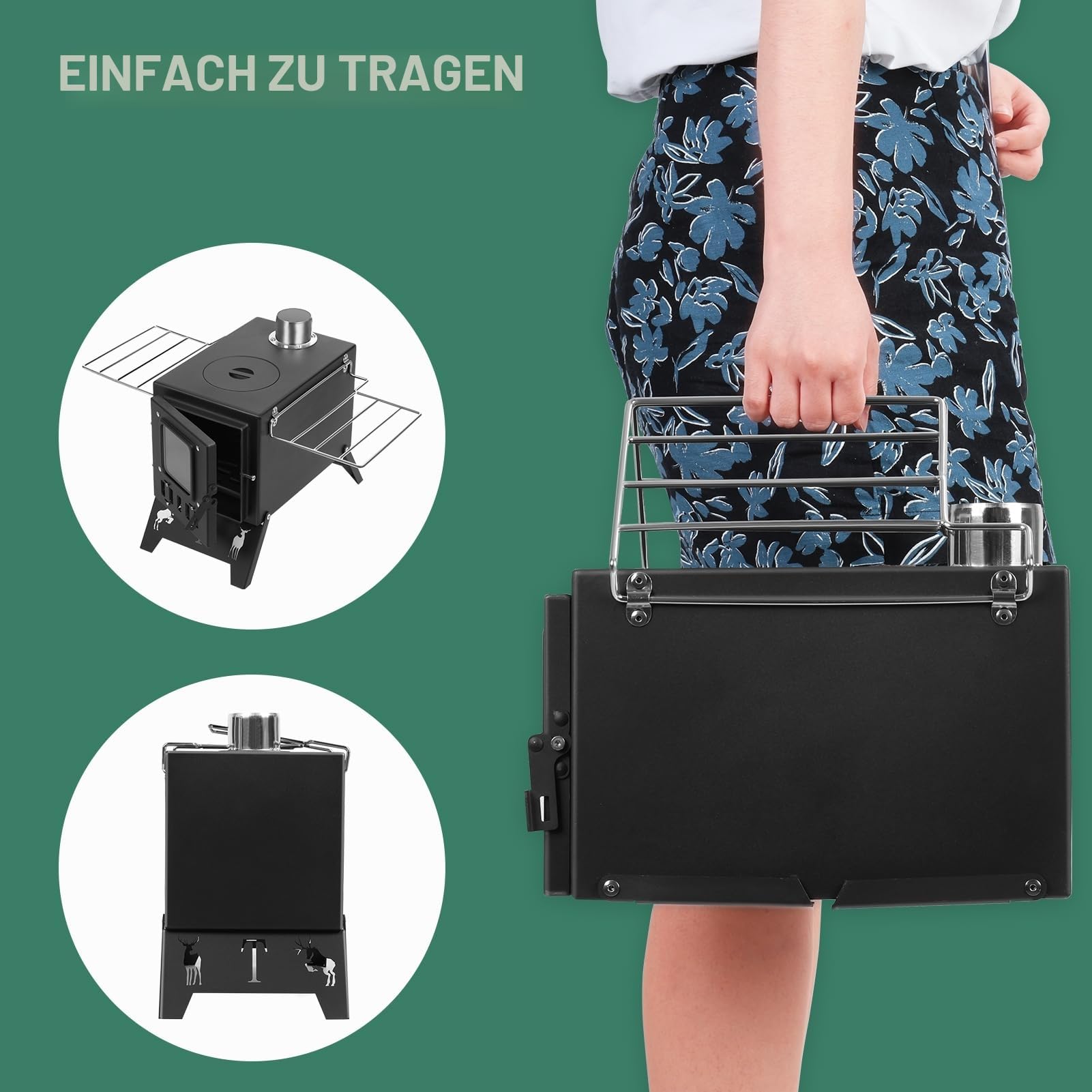 Holzofen, zusammenklappbar, tragbar, für Camping, Heißzelt, mit 5 Kaminrohren für Outdoor, Camping, Kochen, Heizen, Grillen, Wandern, Angeln, Jagd, Schwarz