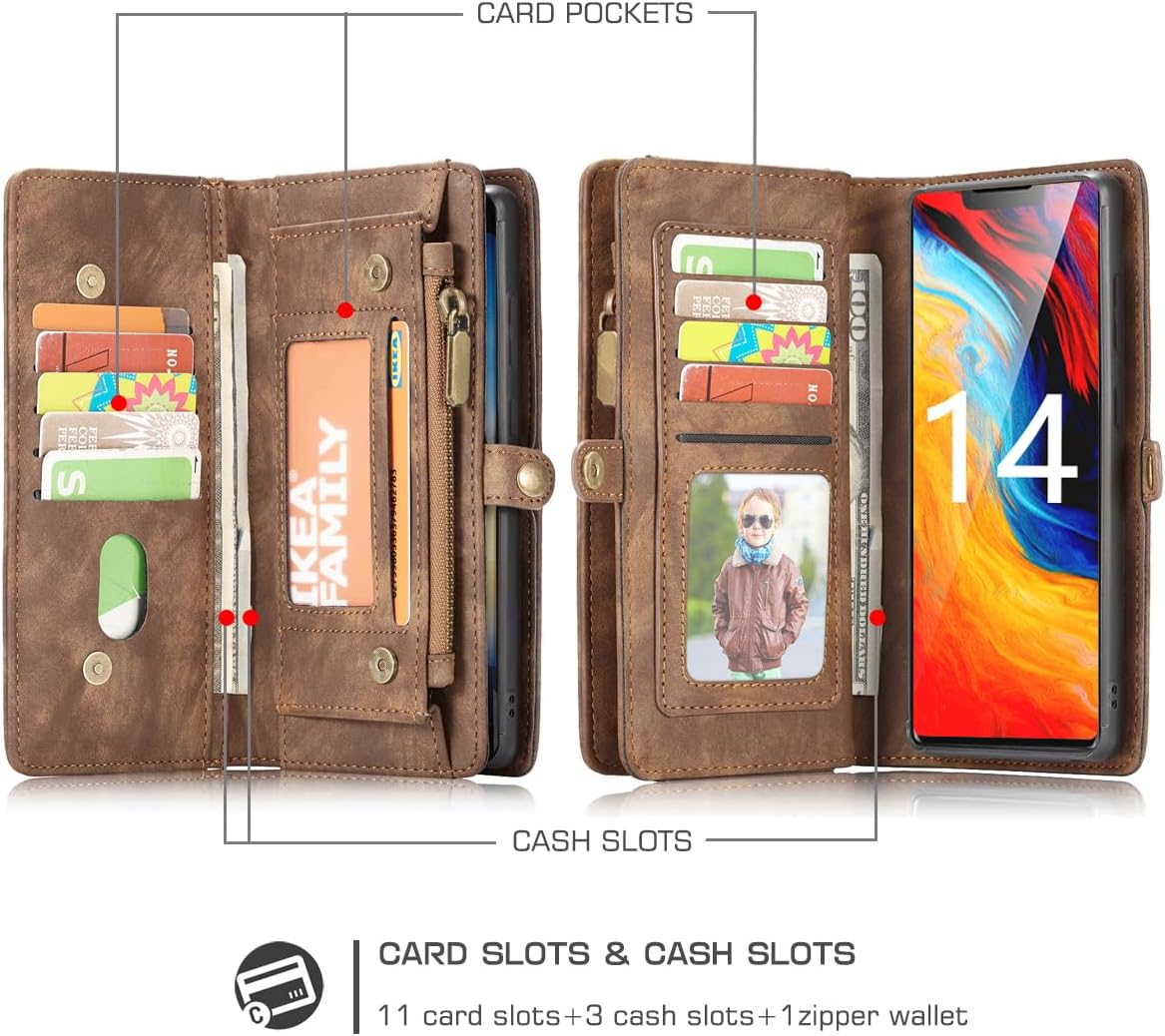 JGY Samsung Galaxy S24 Ultra Leather Wallet Detachable Magnetic case with Zipper Pocket Card Holder Samsung S24 Ultra Full Cover Shockproof Detachable Wallet FILP case for Women Man (Brown)