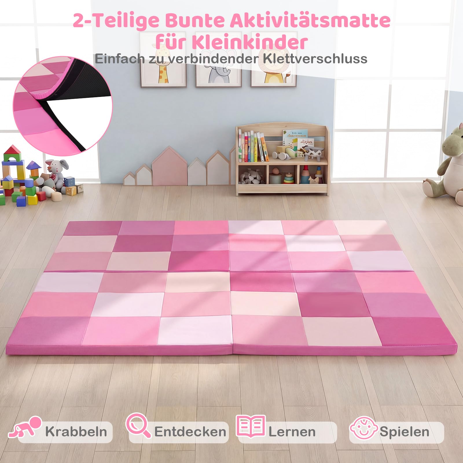 COSTWAY 2 teilige Krabblematte Baby faltbar, 144 x 144 cm Spielmatte mit Kletterverschluss, Bodenmatte aus Kunstleder & Schaumstoff, Spielteppich rutshfest für Kinderzimmer (Rosa)