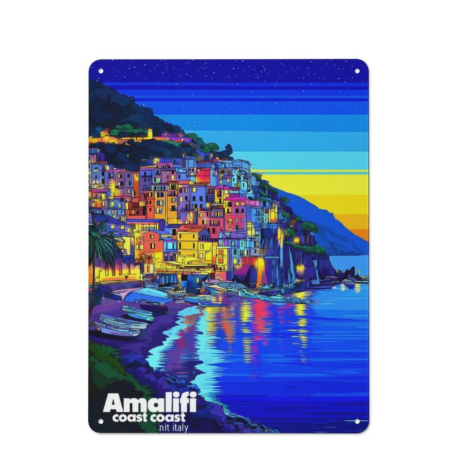 Junmoney Amalfi Coast Nightscape Retro Vintage Tin Sign 40X30cm, Cafe Wall Decor For Kitchen, Cafe, Pantry Or Dining Room