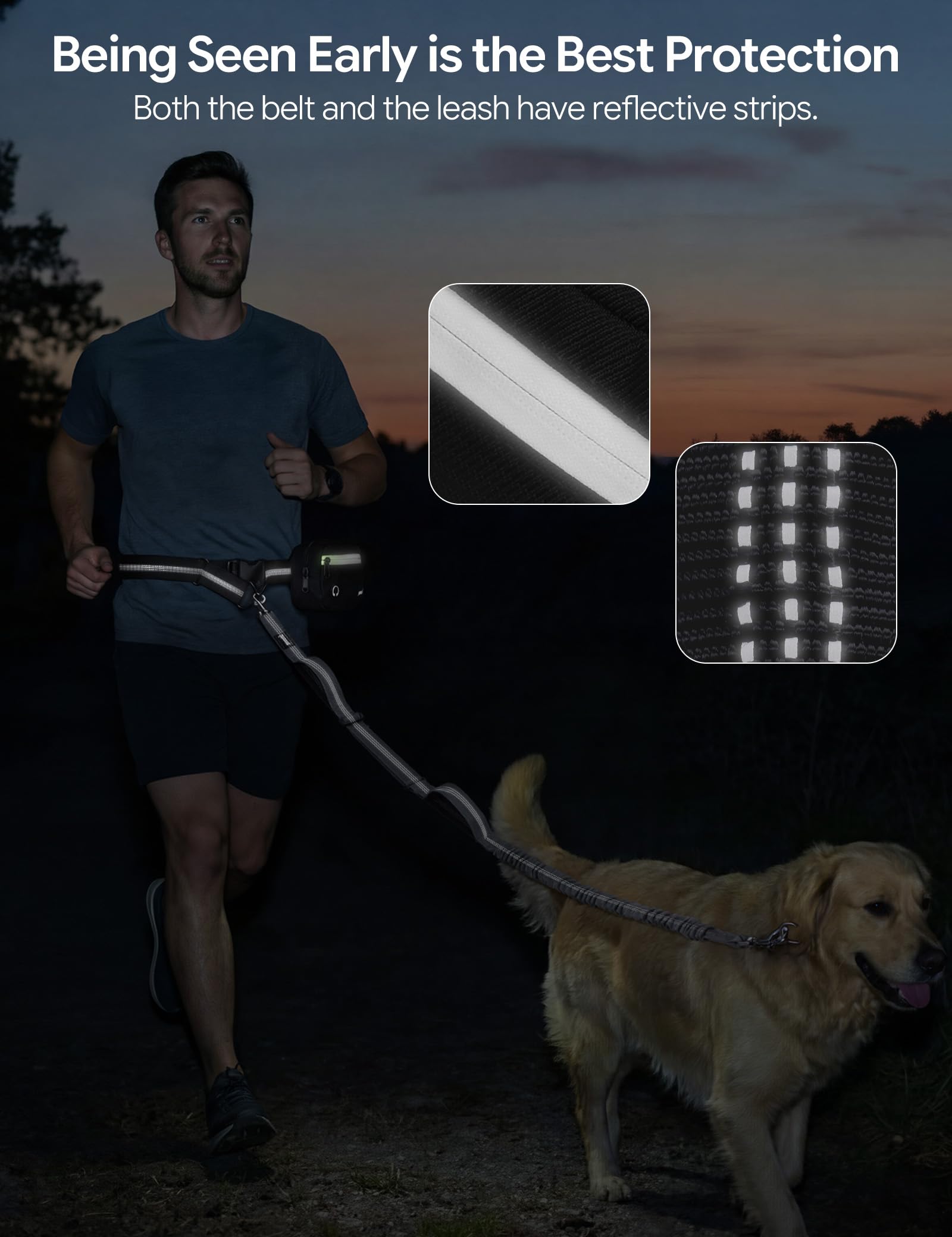 Pecute Correa Perro Cintura Antitirones, Correas Manos Libres con Bolsillo Impermeable & Desmontable, Doble Asa, Cuerda Elástica Amortiguadora, Adecuado para Correr, Caminar y Entrenar, para 15-55kg