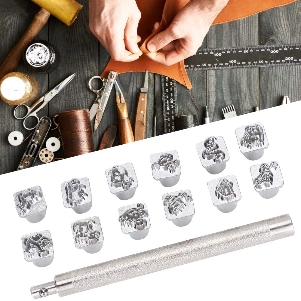 Leather Stamping Tools,12Pcs Leather Embossing Kit for Leather Crafting with Handle Zinc Alloy Leatherworking Tool Set Metal Stamping Kit
