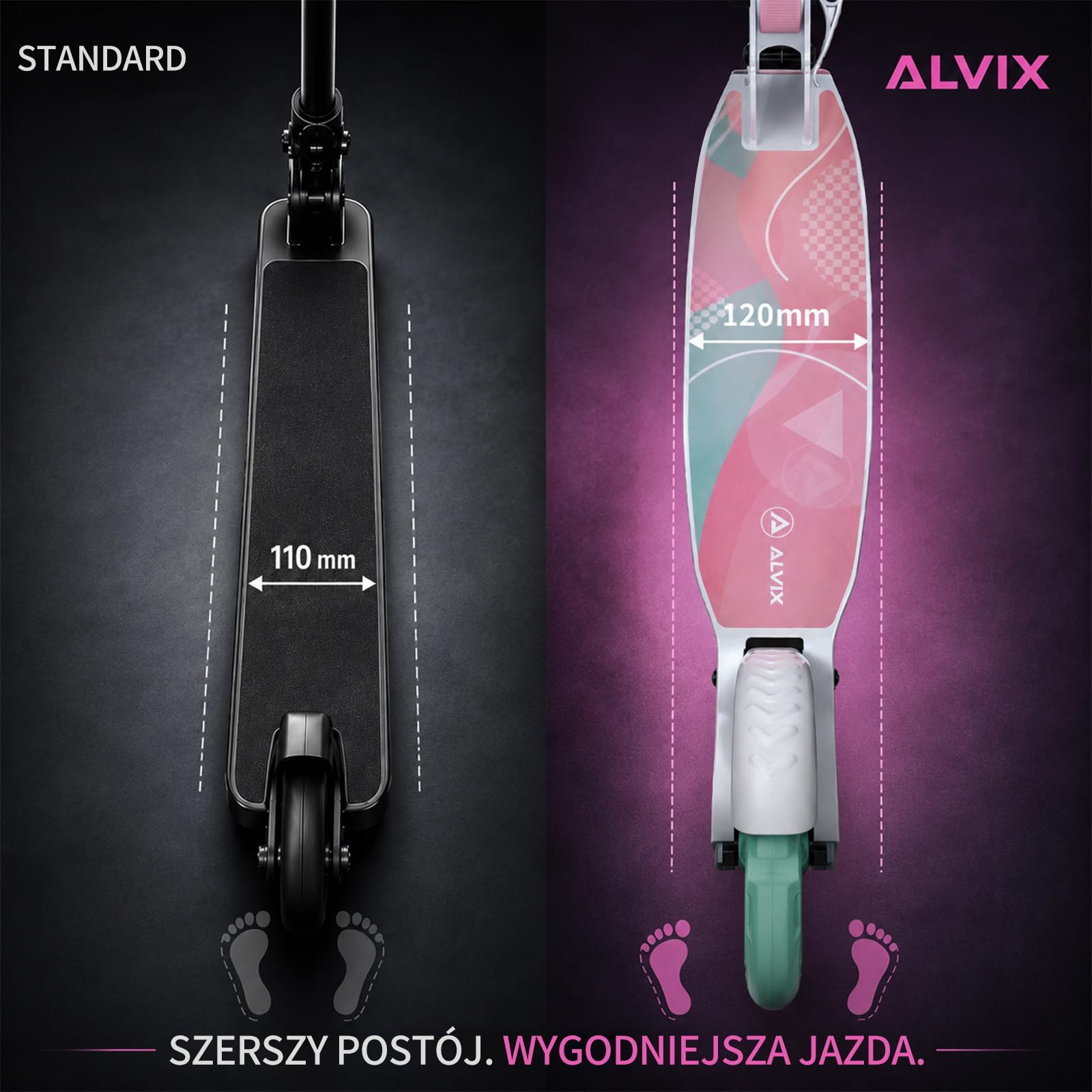 ALVIX Hulajnoga dziecięca z kołami LED, regulowana wysokość, kółka 200 mm, składany skuter z paskiem do noszenia, szeroki pokład do 100 kg